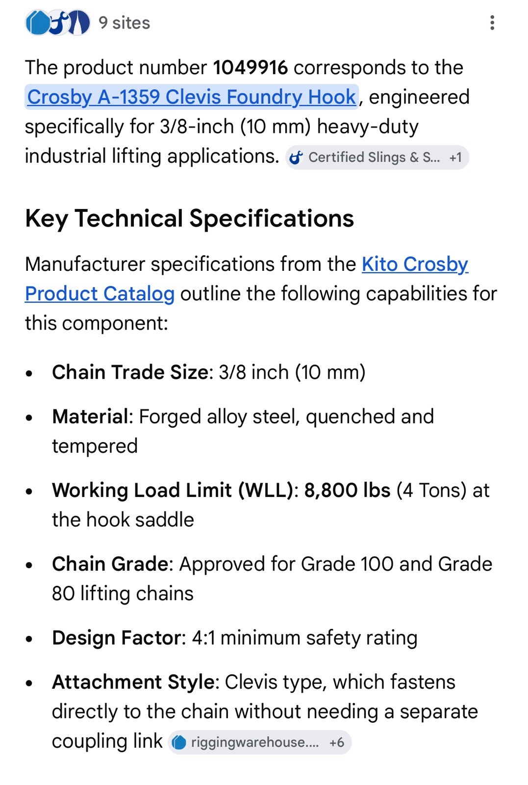 Crosby 1049916 (10mm) 3/8″ Clevis Foundry Hook Grade 100 WLL 8800 lbs No Pin