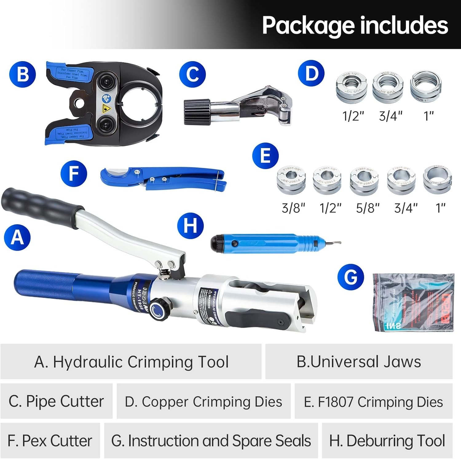 Hydraulic Copper Pipe Tube Fittings Crimping Tools with 1/2″,3/4″ and 1″ Dies fo