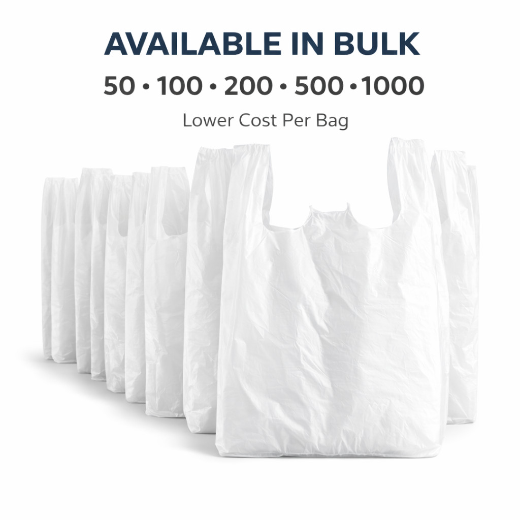 8x4x15 White T-Shirt Grocery Bags 0.55 Mil HDPE Plastic 1/10 Small Bulk
