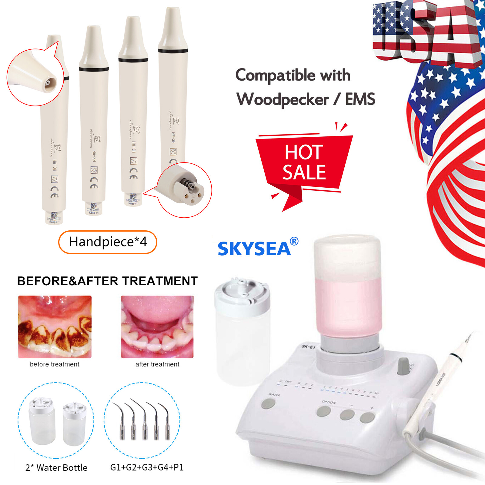 Dental Ultrasonic Piezo Scaler fit EMS Woodpecker 2 Water Bottles + 4*Handpiece