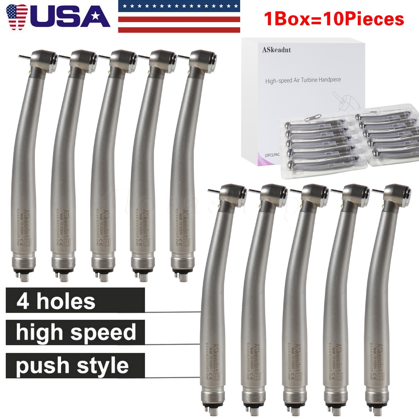 10 PCS Dental LED E-Generator Fiber Optic High Speed Handpiece 4 Hole NSK Style