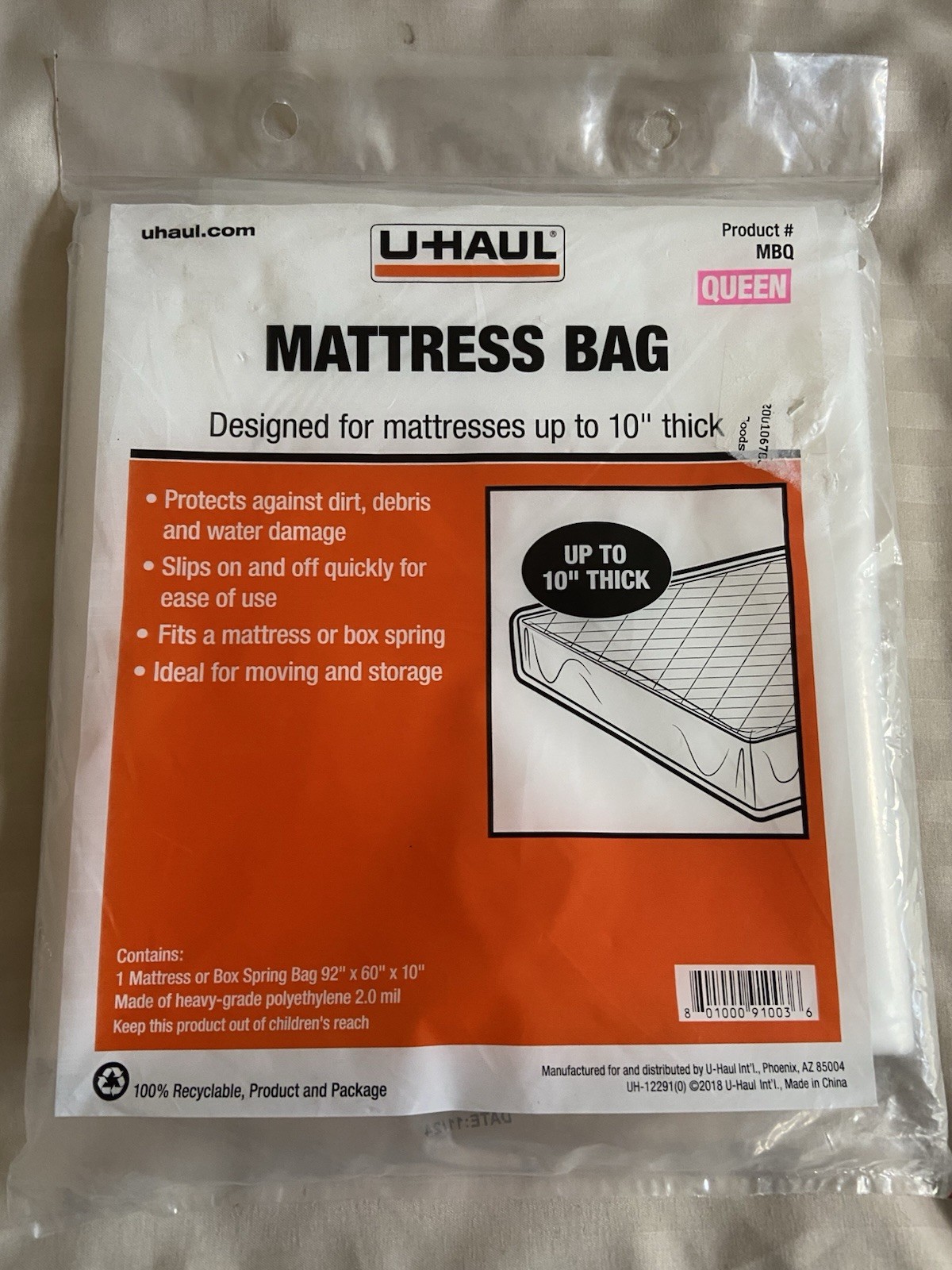 NIP Mattress Protector UHaul MBQ Moving Bag – Clear – Queen Size – NEW