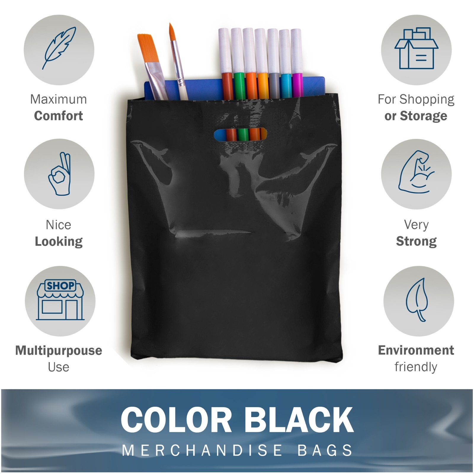 Black Merchandise Plastic Shopping Bags – 100 Pack 9″ x 12″ with 1.5 mil Thick
