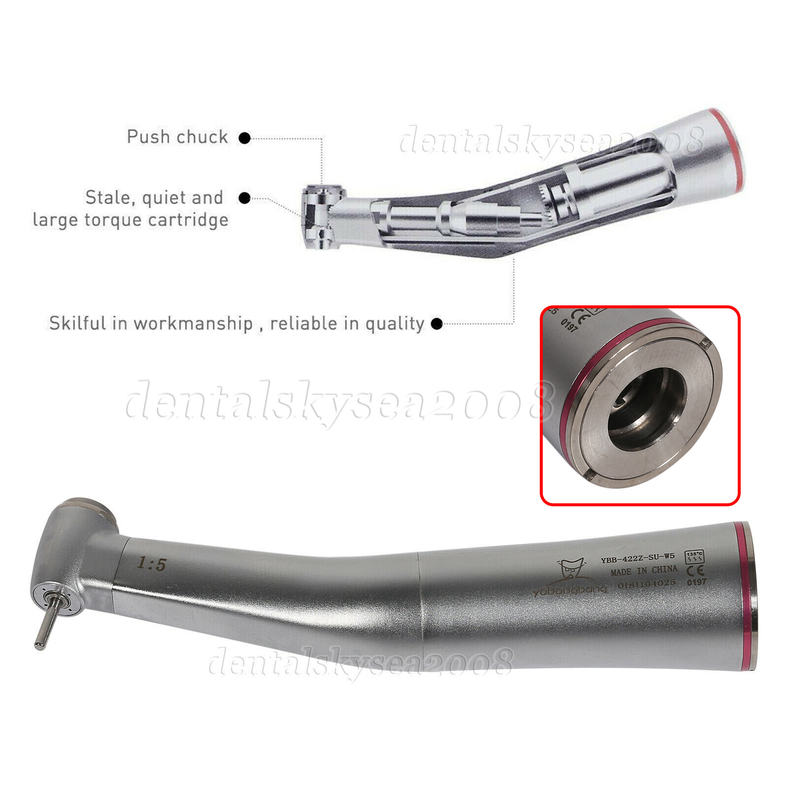 Dental Electric 1:5 increase Contra Angle (LED) Red Ring fit NSK micromotor USPS