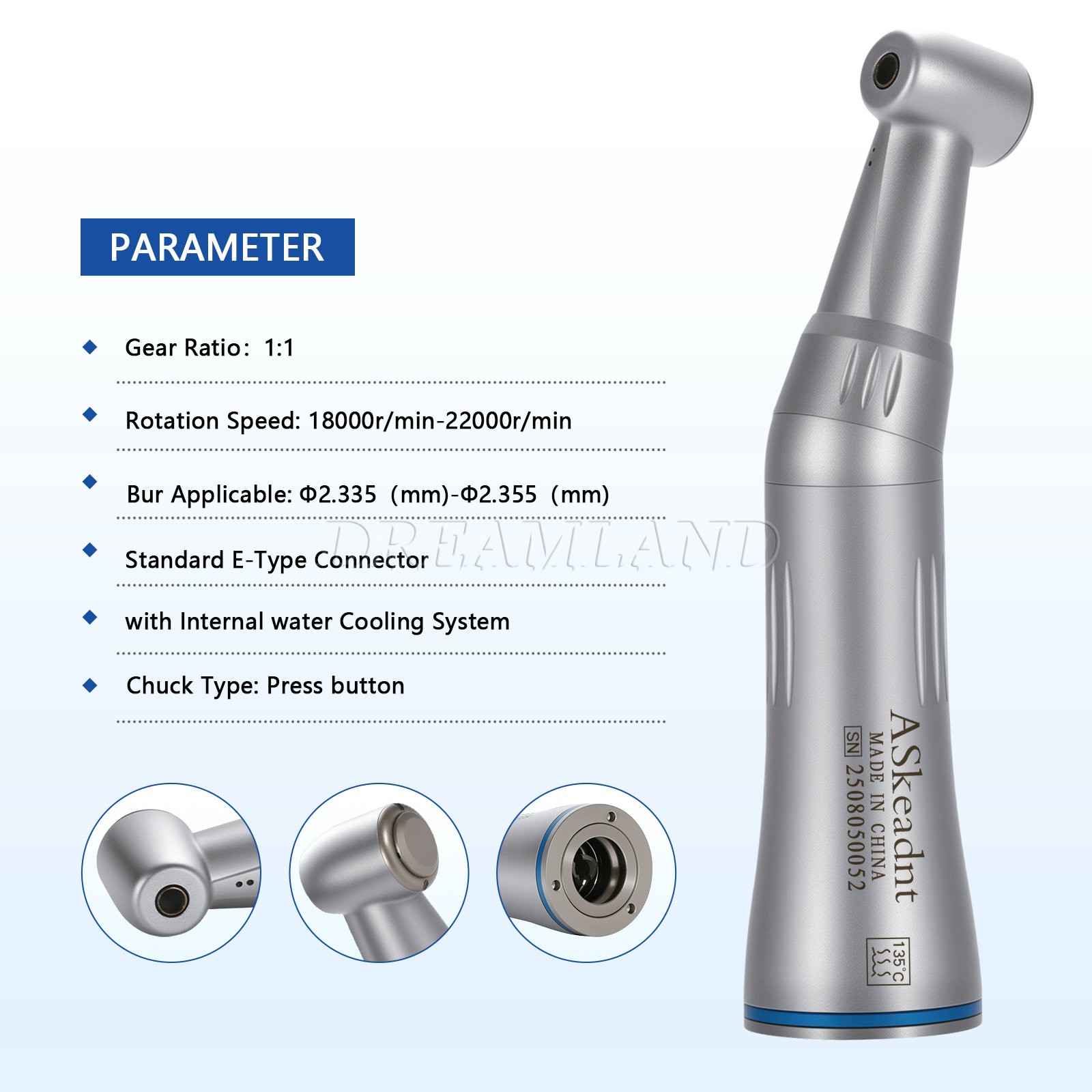 ASkeadnt Low Speed Handpiece 1:1 Inner Channel Contra Angle Max40, 000rpm