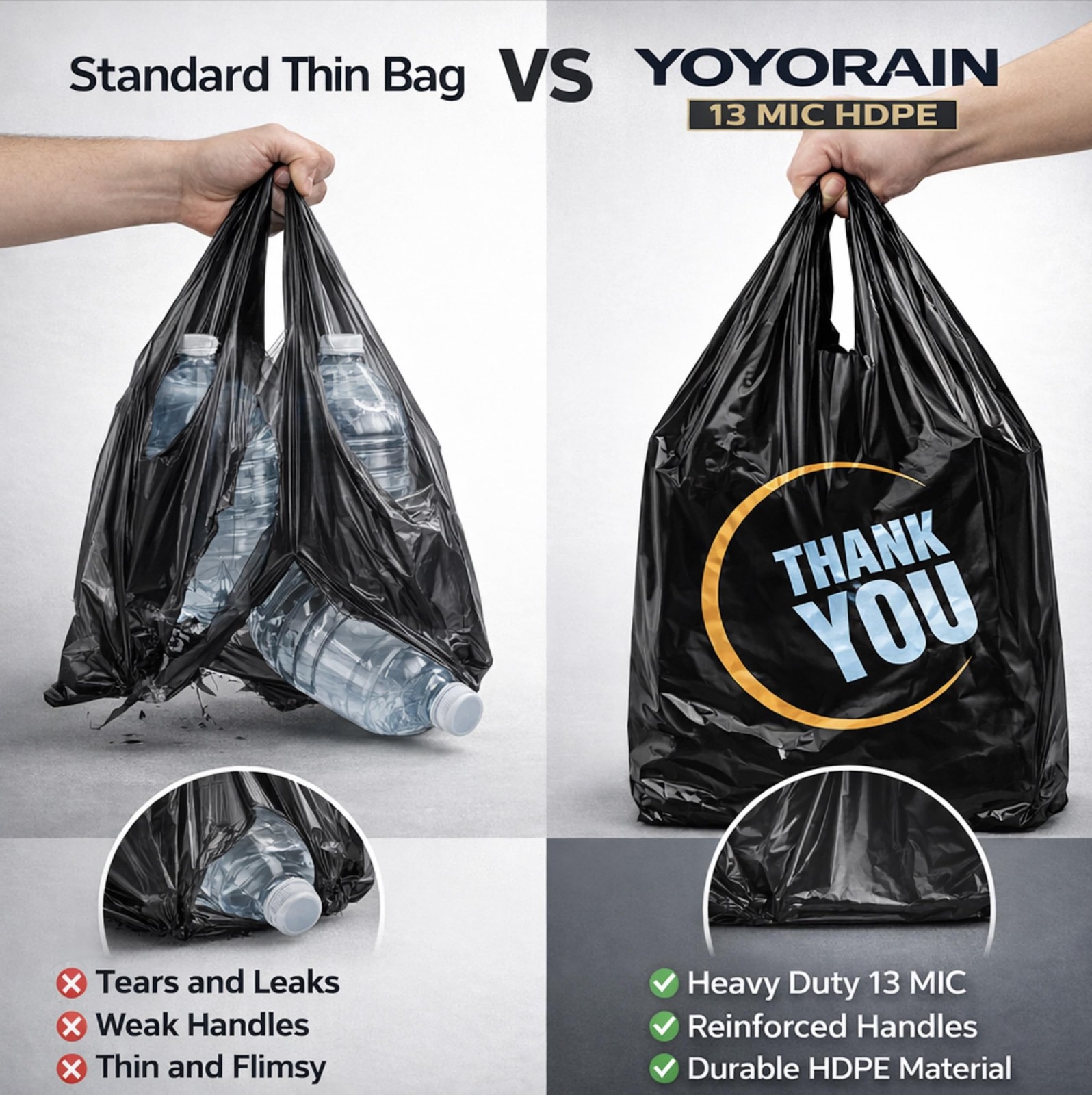 100PCS Black T Shirt Shopping Bags with Handles Retail Grocery Carry Bags New US