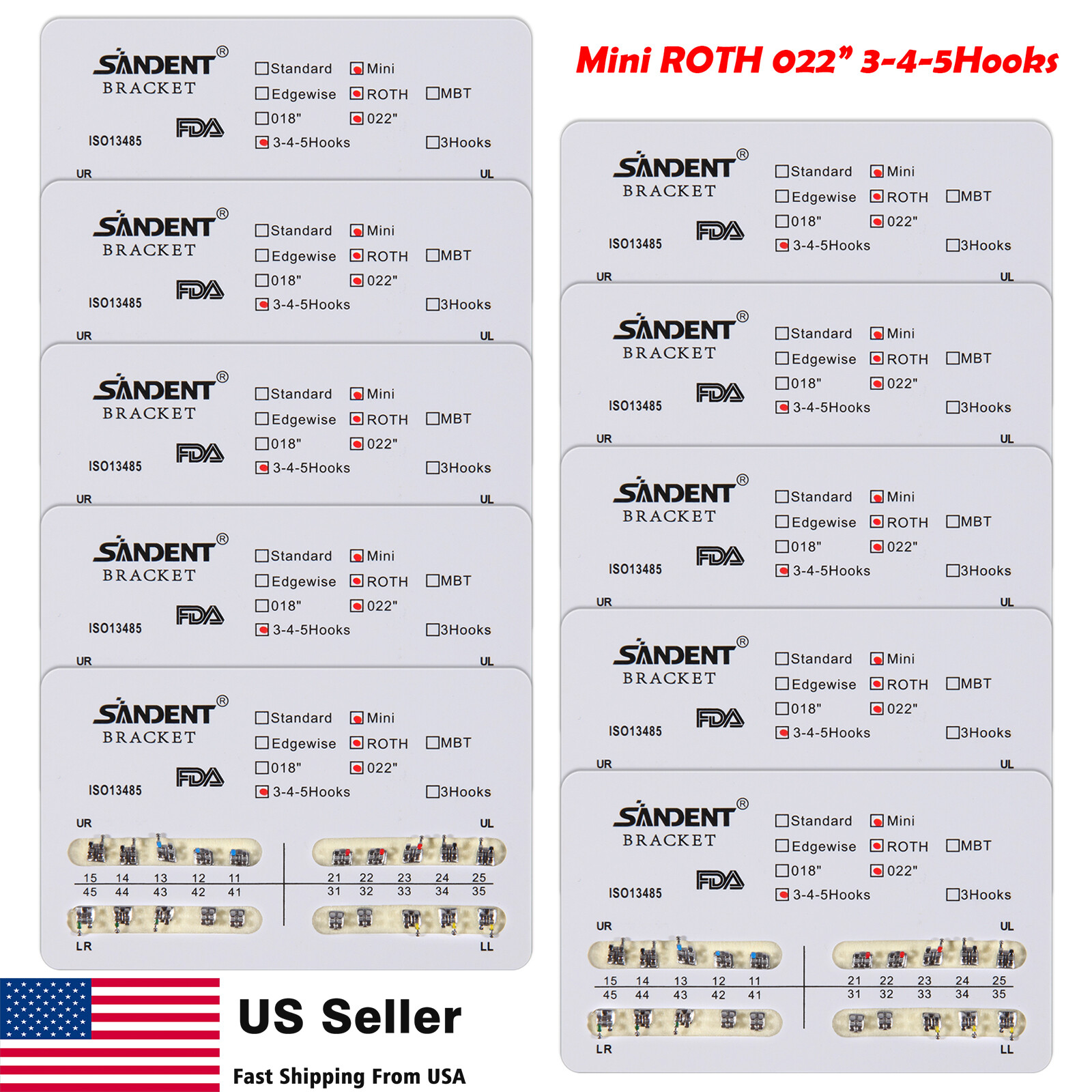10 Packs Dental Orthodontic Braces Brackets Mini Roth 022″Slot 345 Hooks 200pcs
