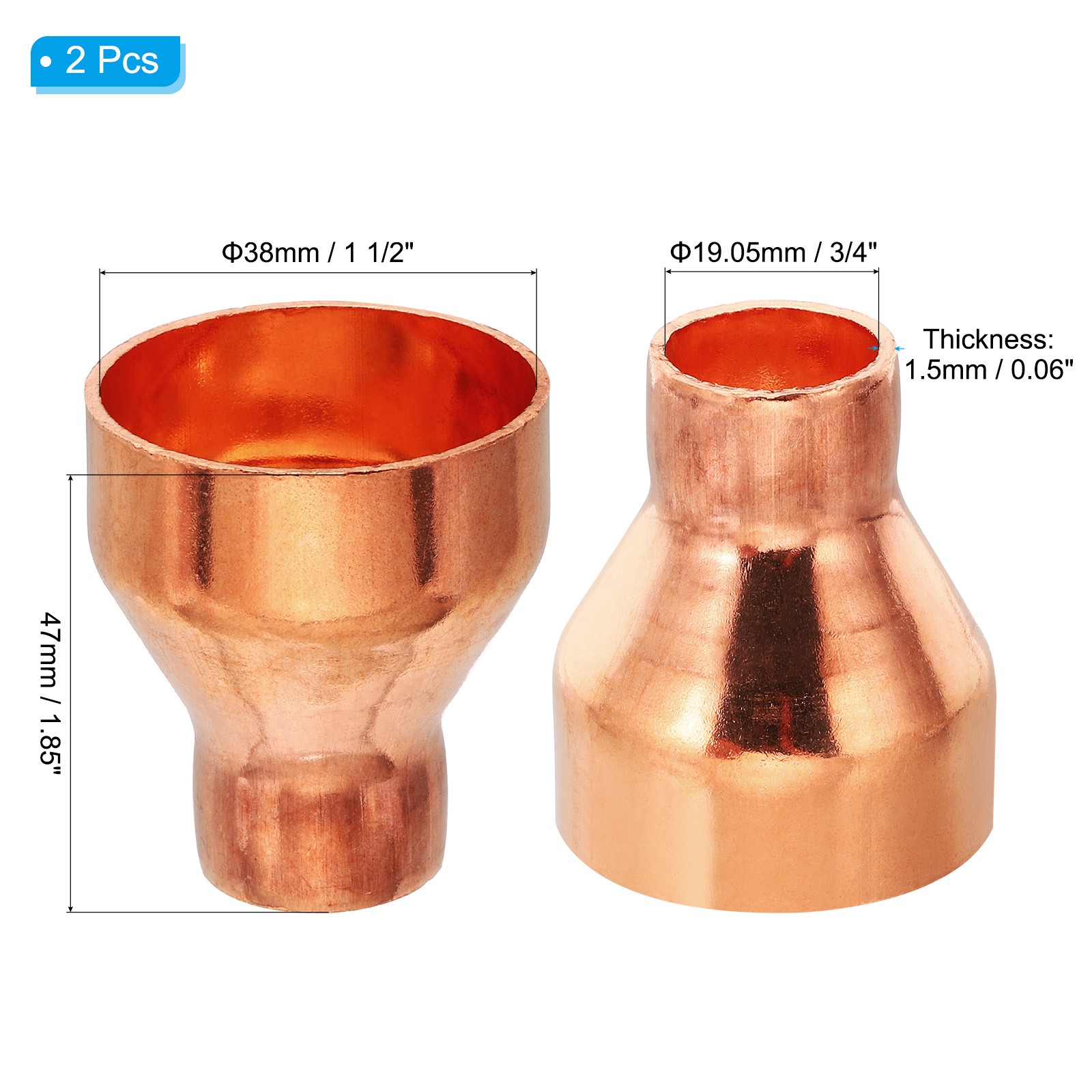 2Pack 1 1/2″ to 3/4″ ID Reducer 99.9% Pure Copper Coupling Pressure Fitting