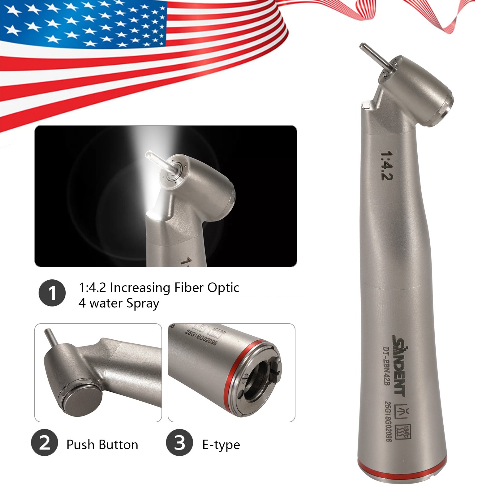 Dental LED Handpiece 1:4.2 Contra Angle 45° LED Fiber Optic Turbine Inner UPS