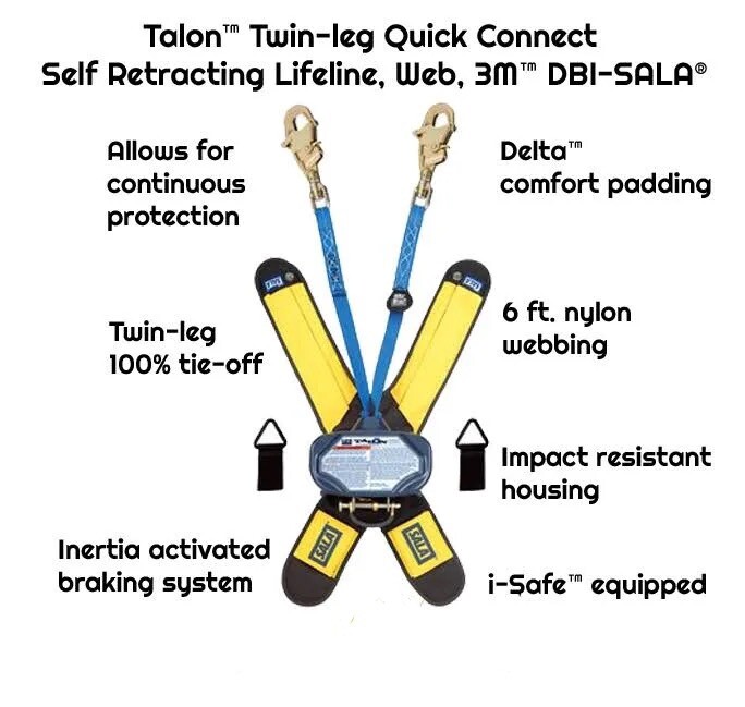 DBI-Sala 3M Talon 6′ Twin-Leg Quick Connect Self Retracting Lifeline, Nylon Web