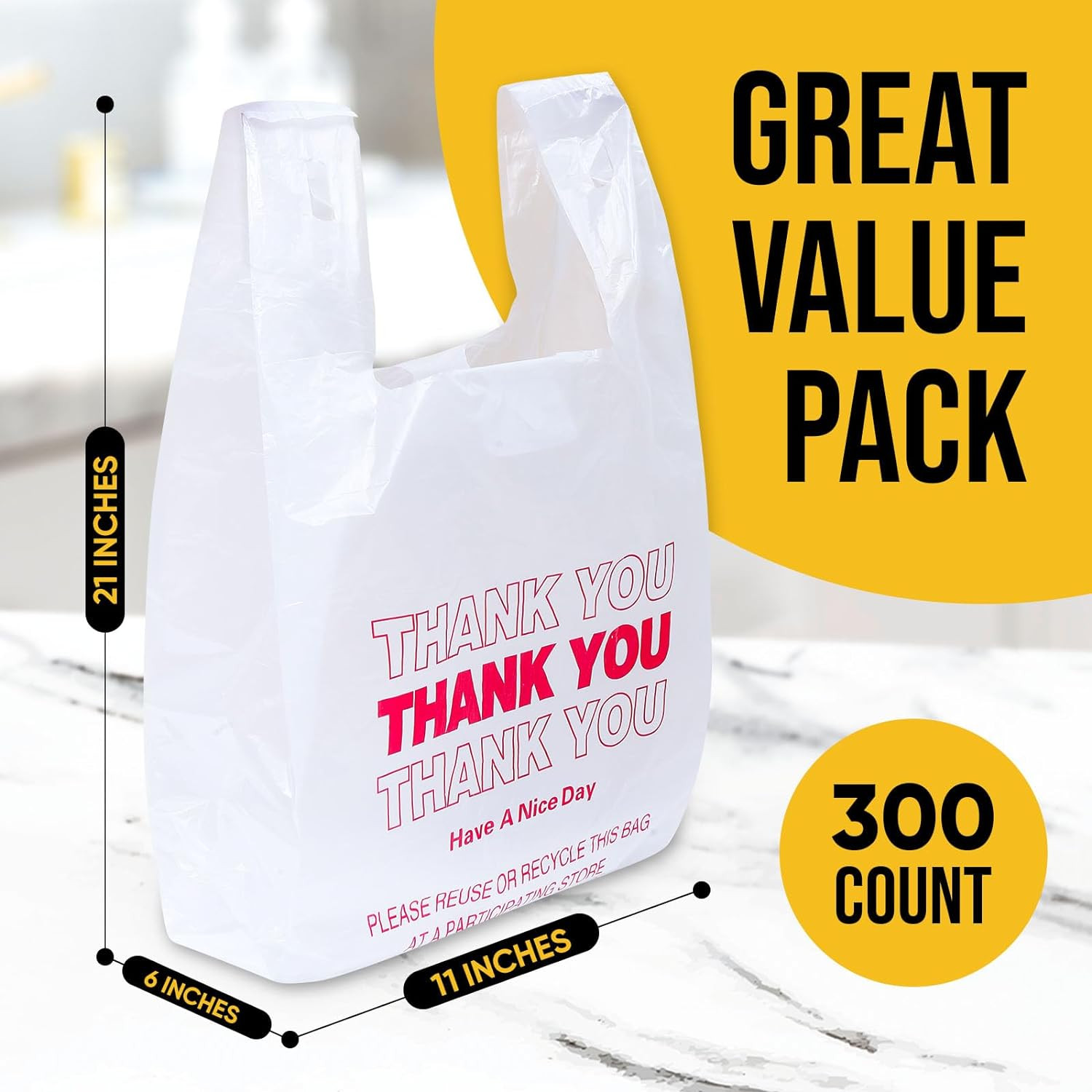 300 Plastic Shopping Bags Thank You Grocery Handles Retail Bulk 11x6x21