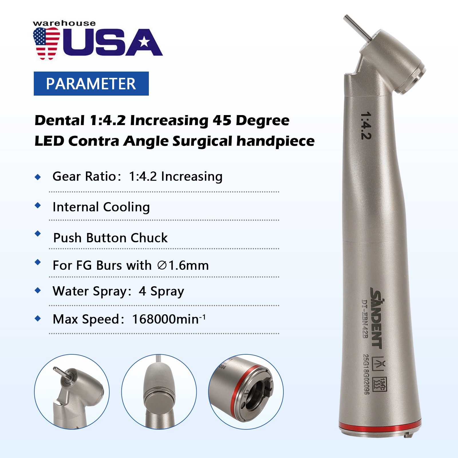 Dental LED Handpiece 1:4.2 Contra Angle 45° LED Fiber Optic Turbine Inner UPS