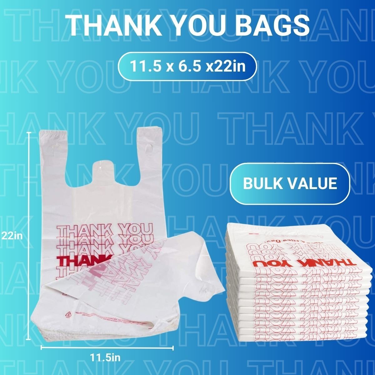 1000 Heavy Duty Thank You T-Shirt Bags 11.5 x 6.5 x 22 White Plastic Grocery Bag