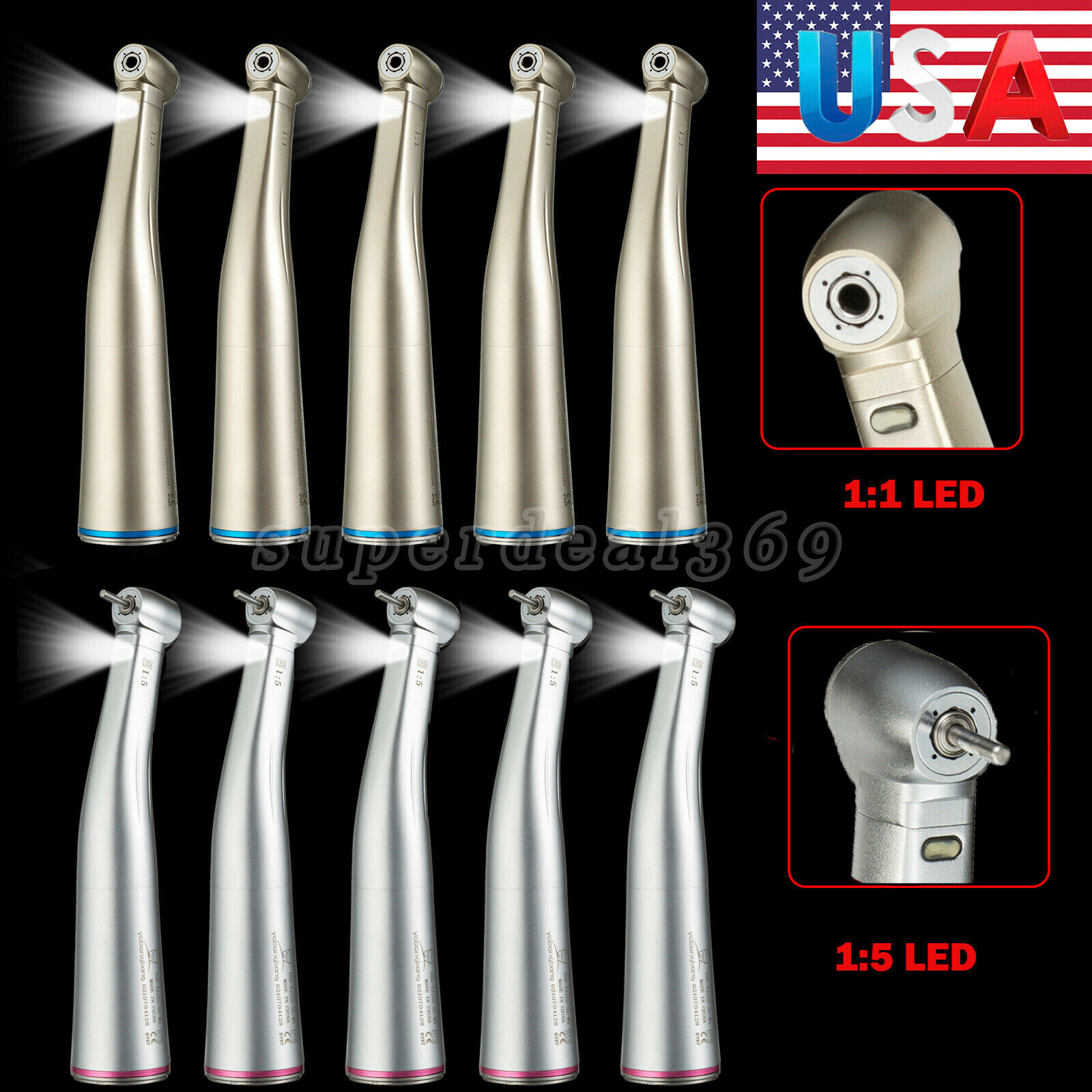 1-5 USA Dental 1:1 1:5 LED Fiber Optic Contra Angle Handpiece Inner For Nsk Or