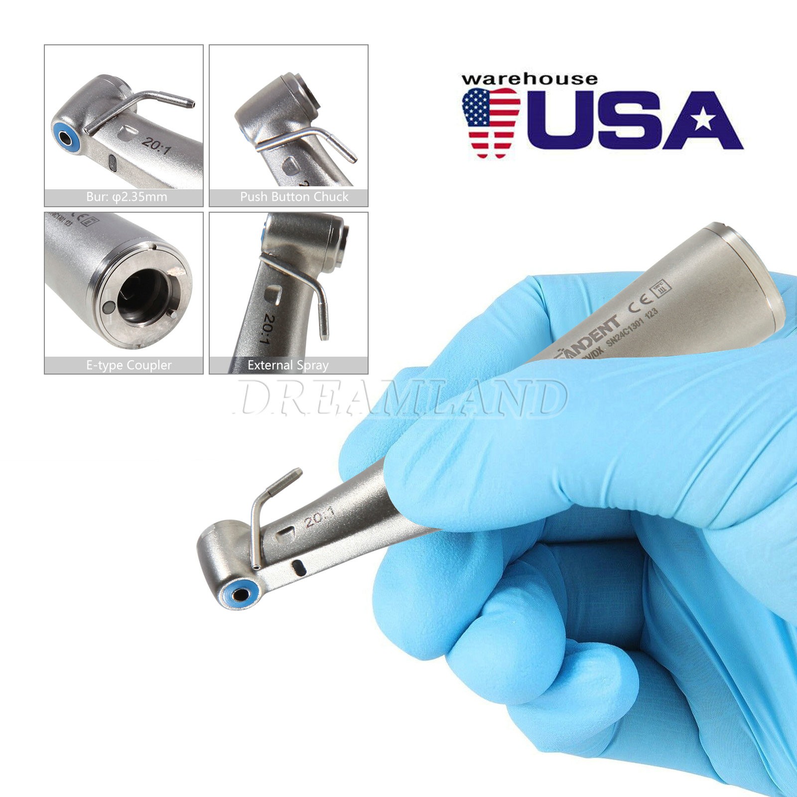 Dental 20:1 LED Handpiece Fiber Optic Implant Reduction Contra Angle Push Or
