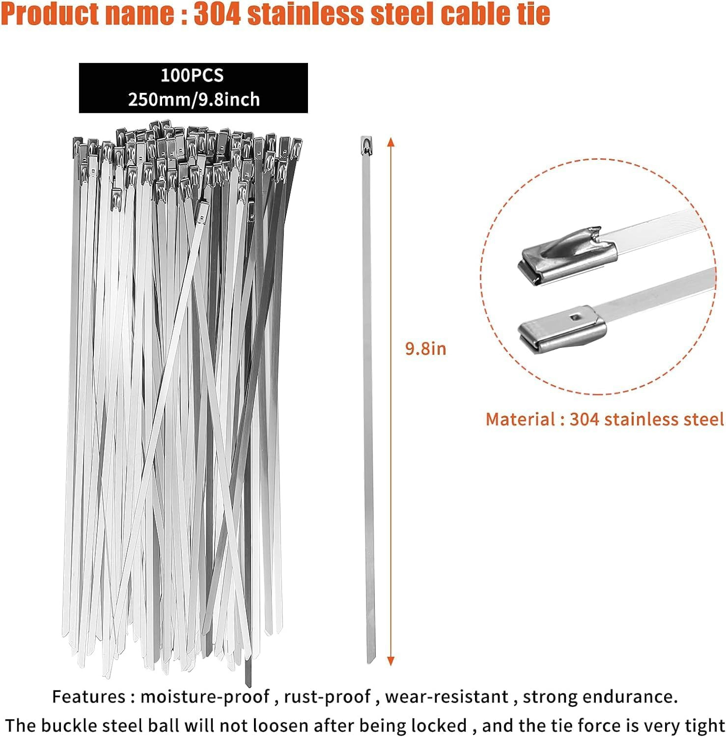 Metal Tie Wrap Gun Kit,Stainless Steel Cable Tie Gun and 100PCS 4.6 X 270Mm Stai