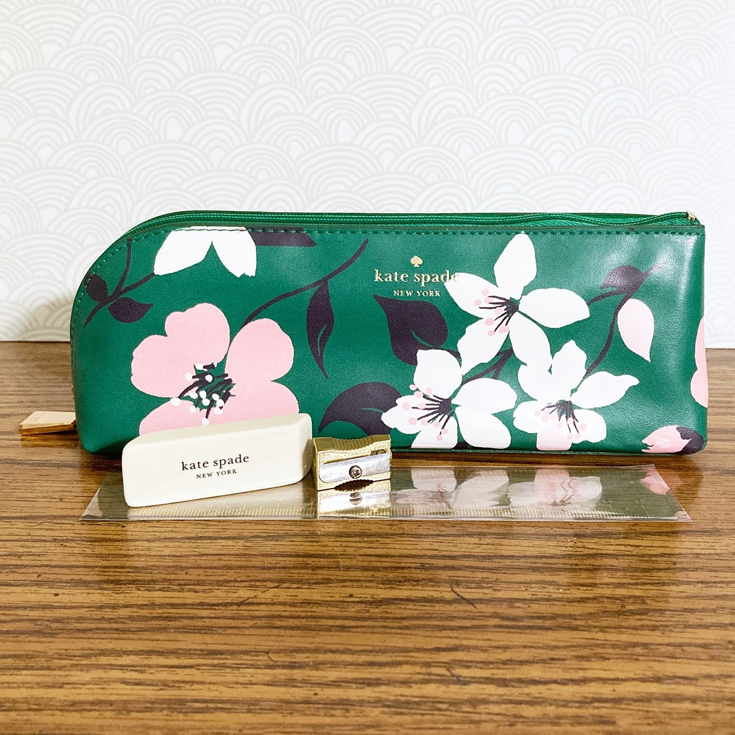 Kate Spade Pencil Pouch Cosmetic Case Travel Bag Faux Leather w Accessories