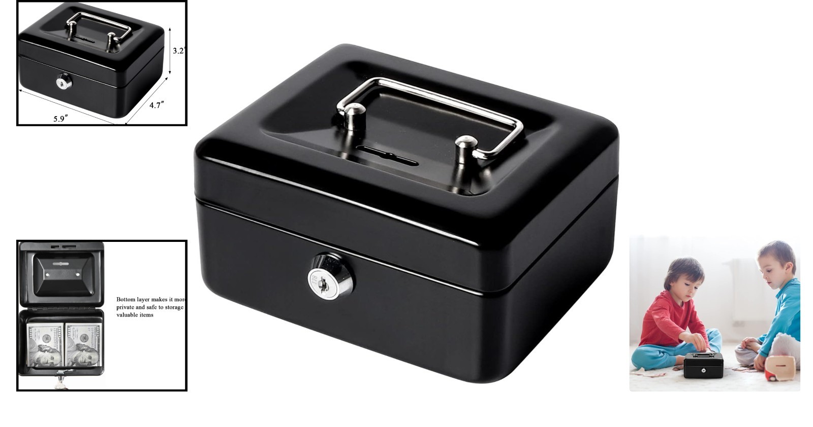 Compact Black Metal Lock Cash Box for Secure Storage – 5.91 x 4.72 x 2.95 in.