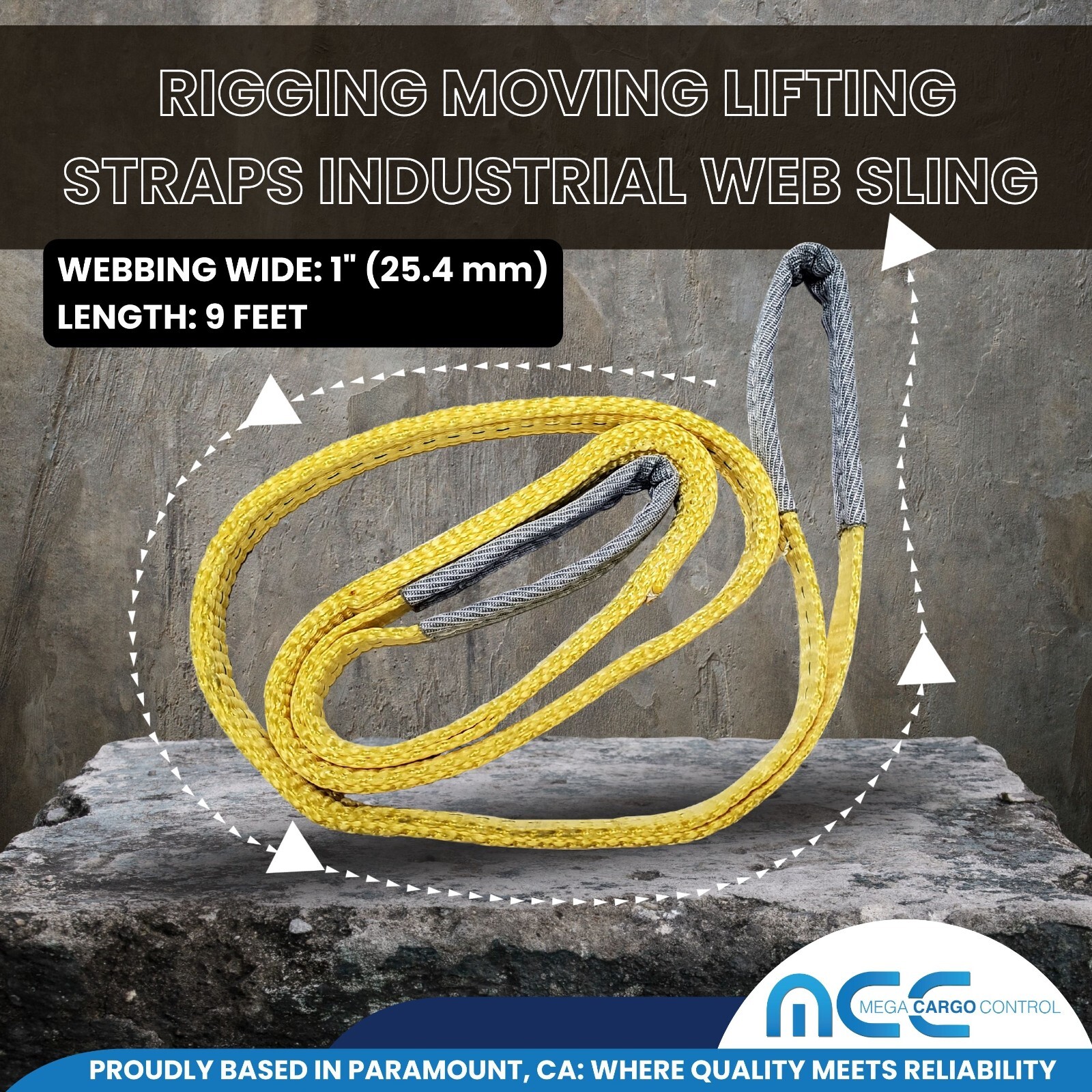 1 Pack 1″ x 9ft 2 Ply Polyester Flat Eye Lifting Sling Strap Web Sling 3100 lbs
