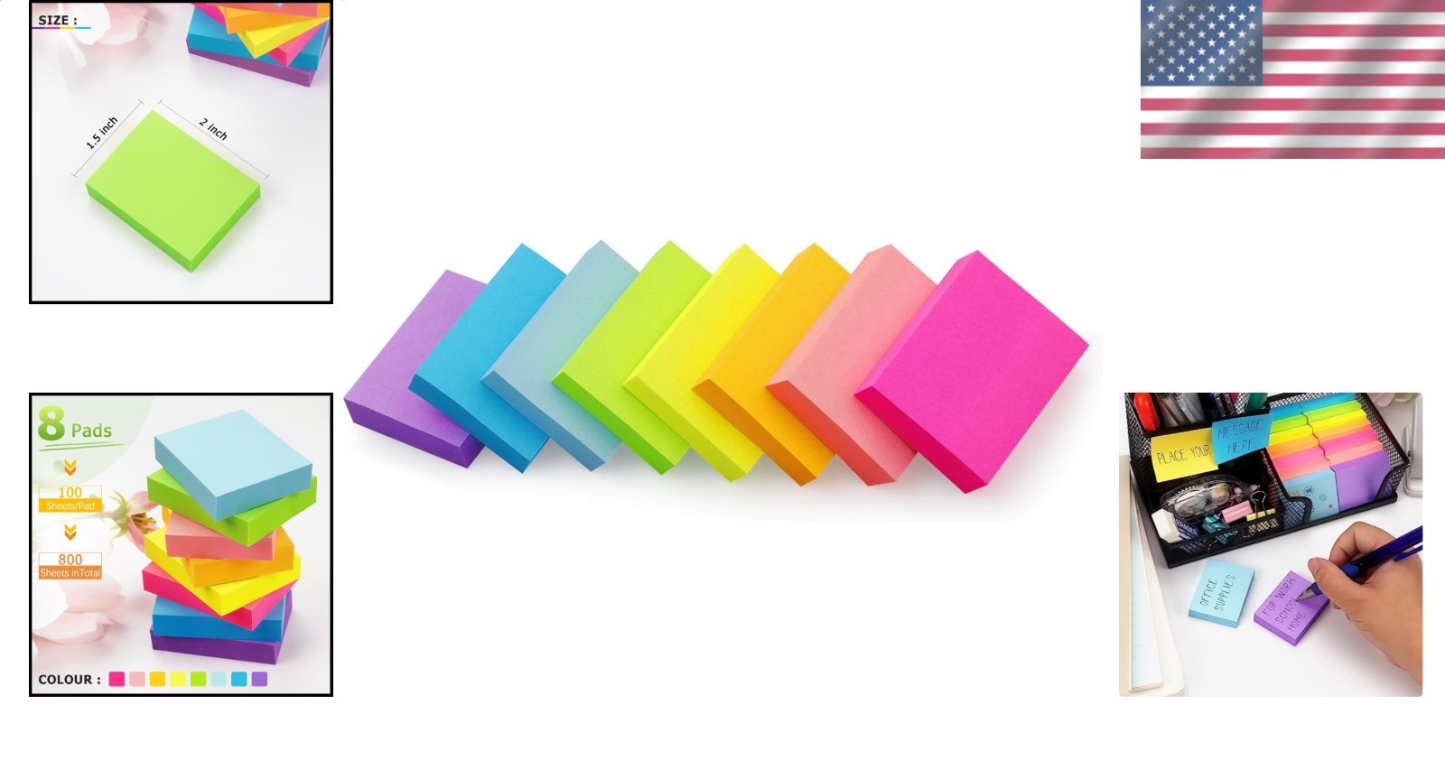800 Sheets 1.5×2 Inch Sticky Notes 8 Pads Bright Colors Self-Stick Reminder Pads