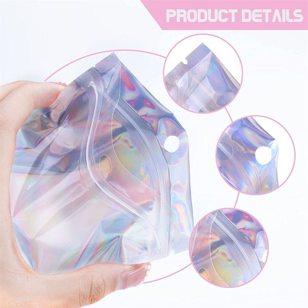 100/200 Holographic Mylar Foil Bags Smell Proof Resealable Zip Pouches Black
