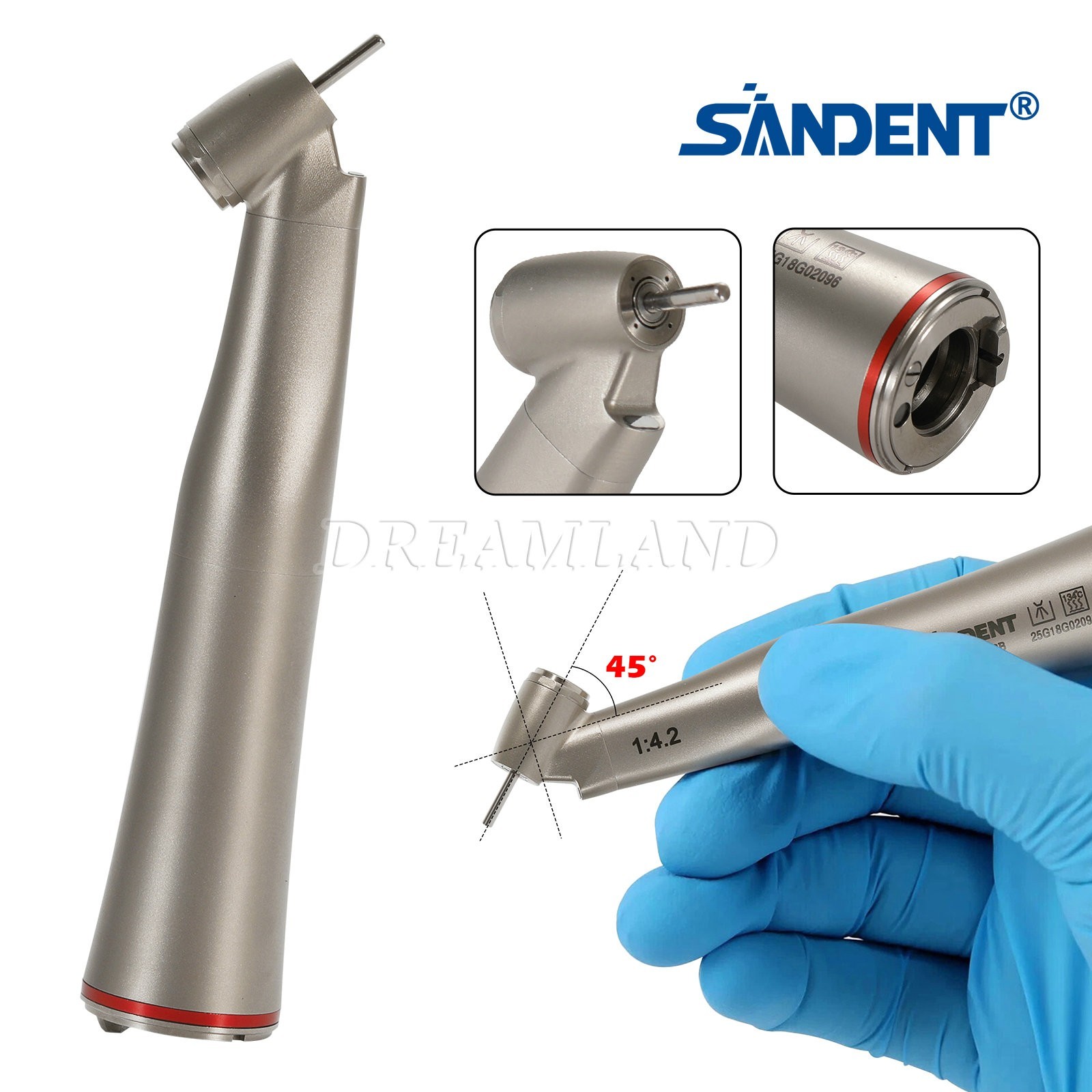 Dental 45° Angle inner Channel contra angle fiber optic LED 1:4.2 handpiece USA