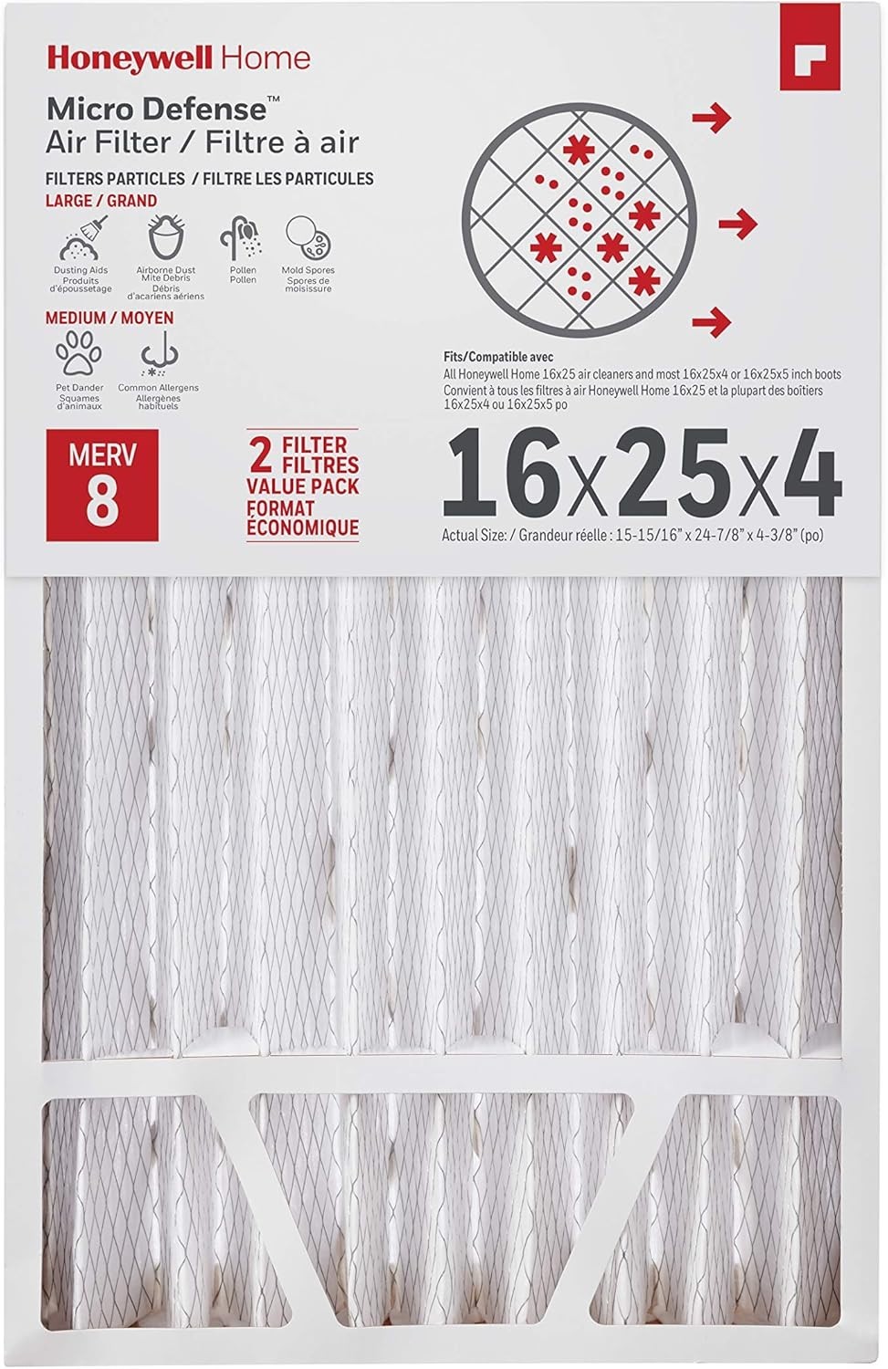 Honeywell 16x25x4 Pleated Furnace Air Filter FPR 8 MERV 8 HVAC Filter 2 Pack