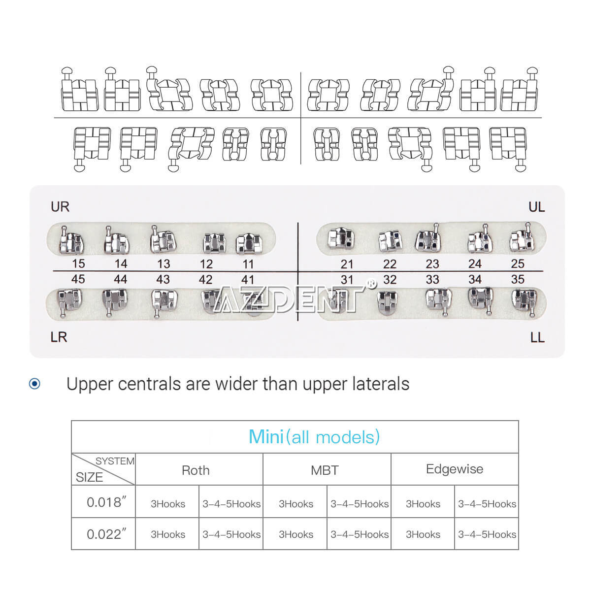 AZDENT Dental Orthodontic Brackets Braces Mini Roth MBT Slot 022/018 Hooks 345