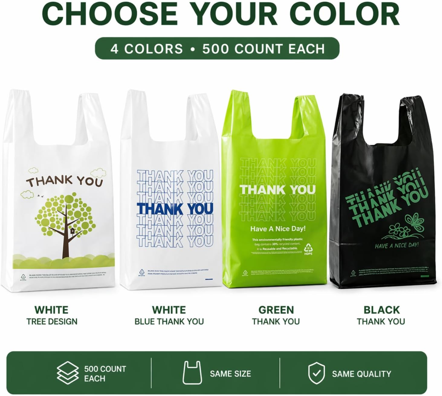 500 Count Plastic T-Shirt Bags, 11″ X 6″ X 21″, White-Green Tree, Grocery & Take