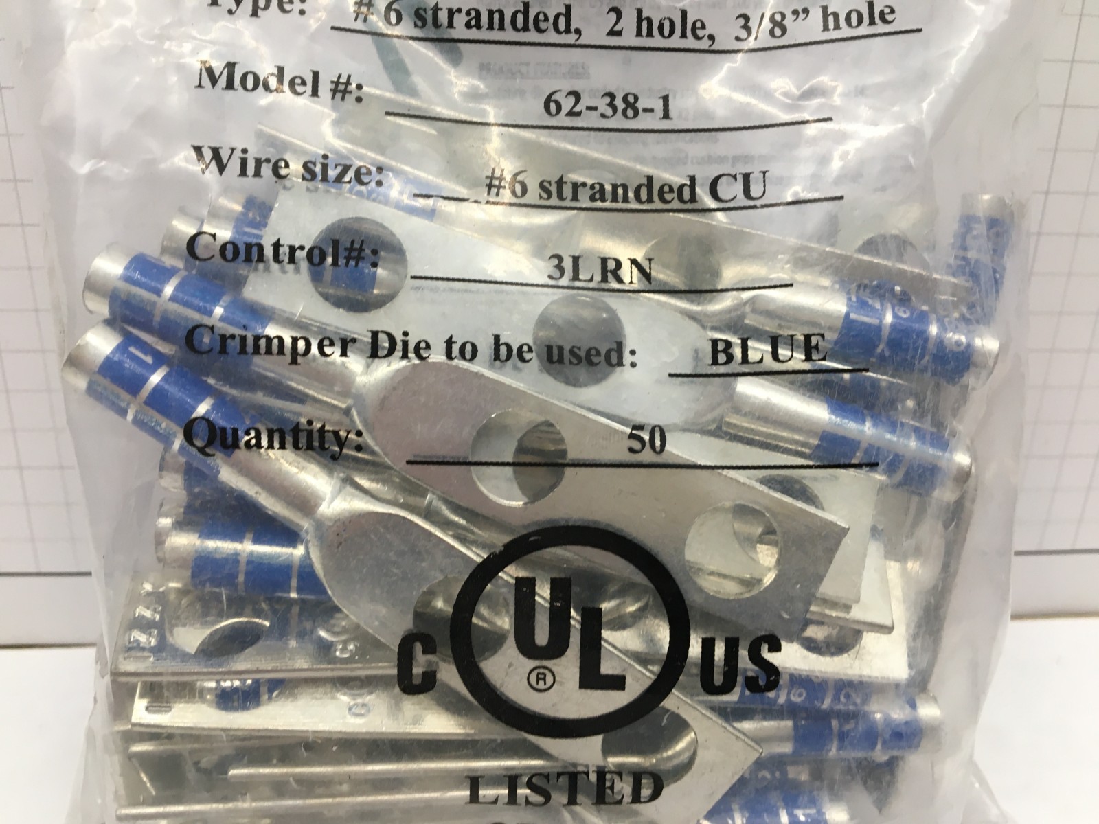 Izzy 62-38-1, #6 AWG Lug, 2 hole, 3/8″ Holes, 1″ OC, Long Barrel – 50 pcs
