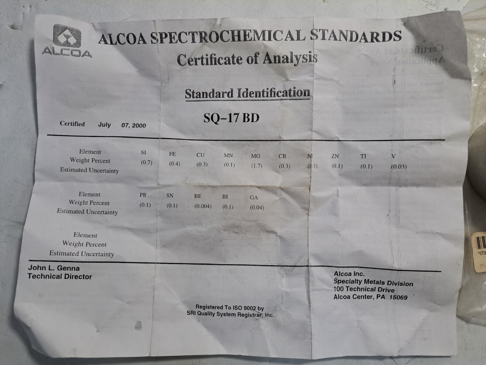 Alcoa Spectrochemical Standard Ref. Material SQ-17 BD w/ C of A , Thermo 073458