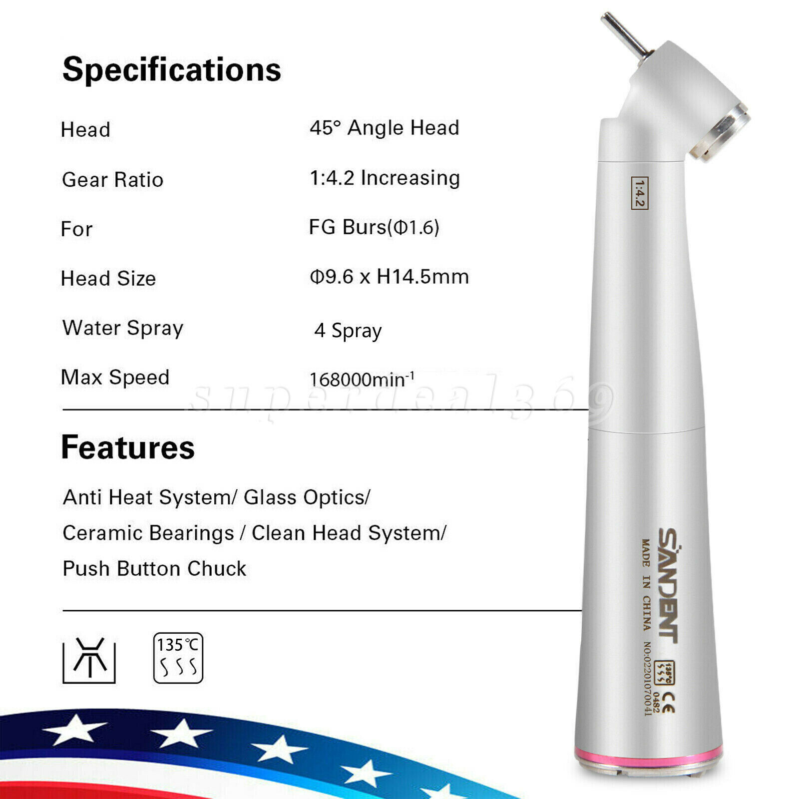 45° Angle Head Dental 1:4.2 Increasing LED Optic Contra Angle handpiece Inner US