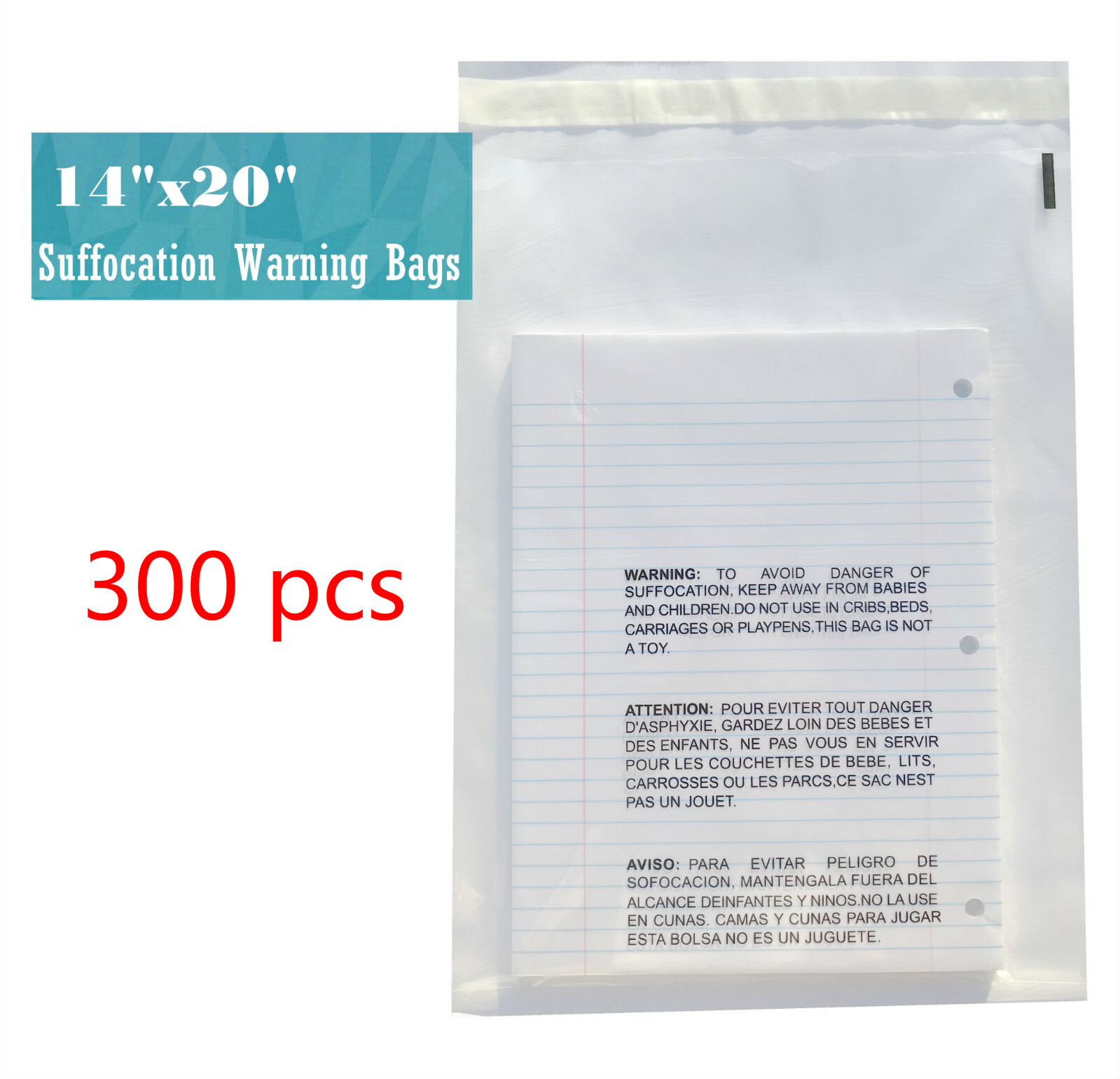 14×20 Clear Suffocation Warning Poly Self Seal Bags -ST ShipMailers