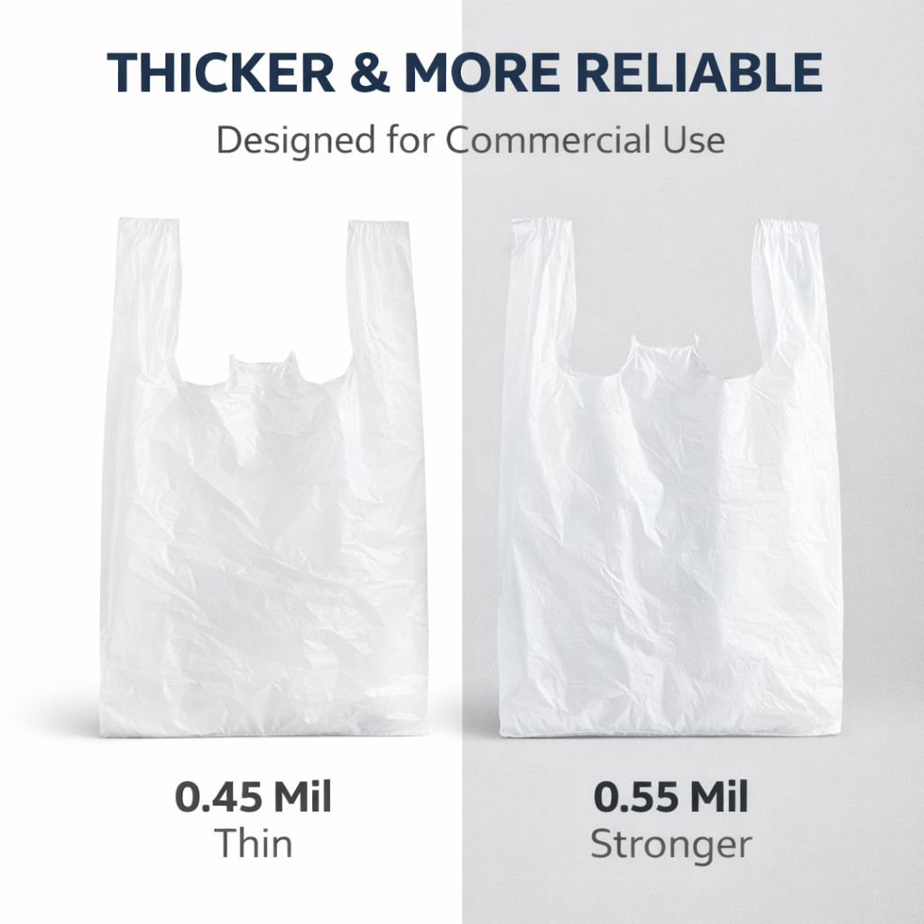 8x4x15 White T-Shirt Grocery Bags 0.55 Mil HDPE Plastic 1/10 Small Bulk