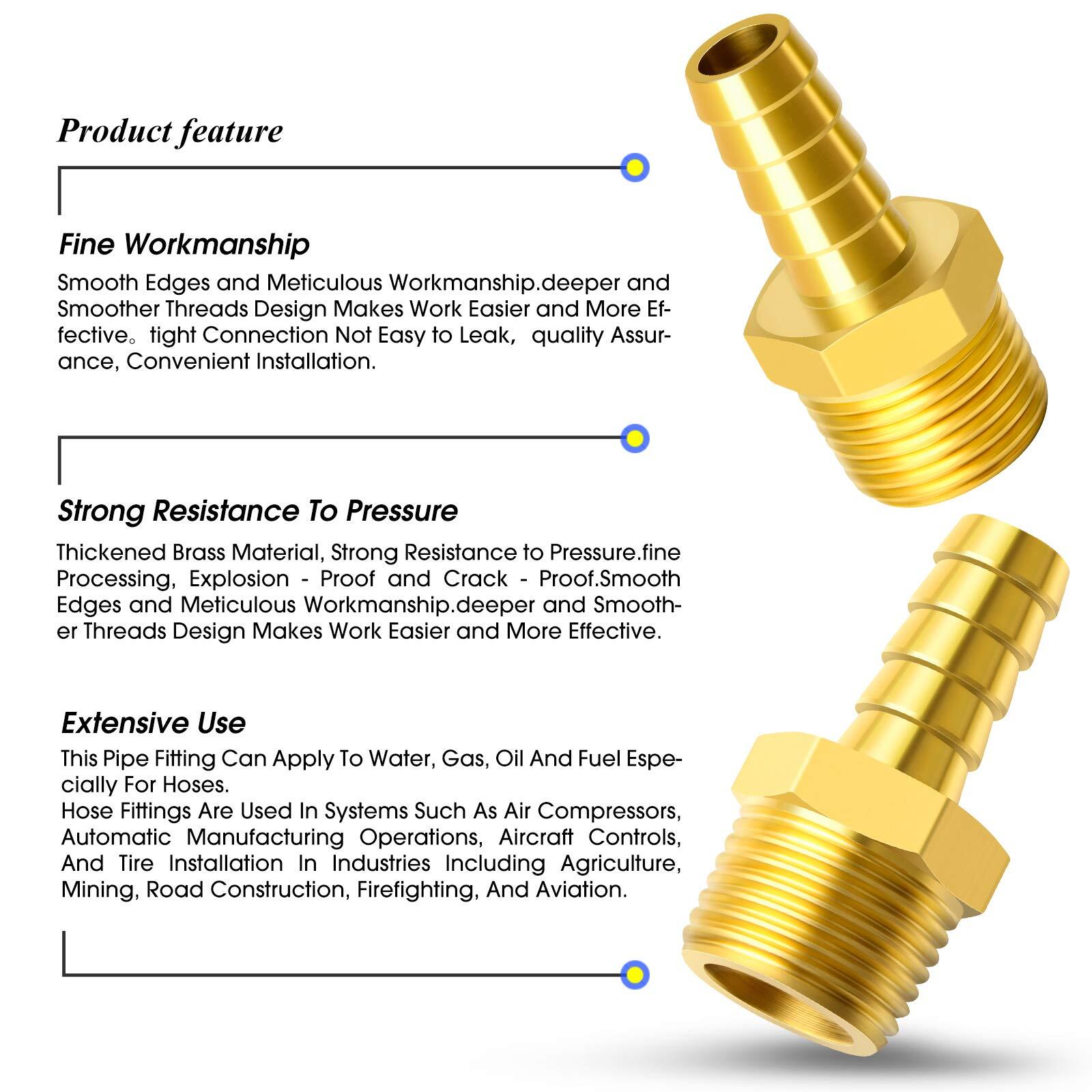 Brass Hose Barb Fitting -3/8 Inch Barb to 1/2 Inch Male NPT Adapter（Pack of 5）