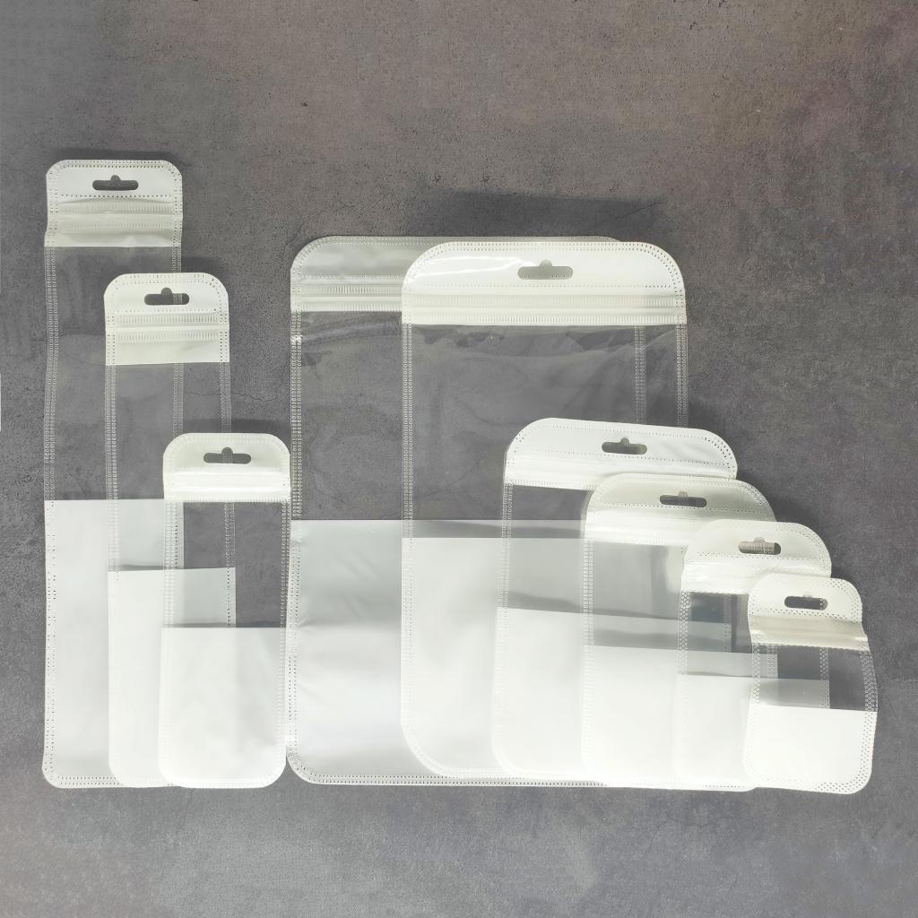 100-200 Clear & White Flat Storage Pouch with Butterfly Hang Hole Packaging Bags