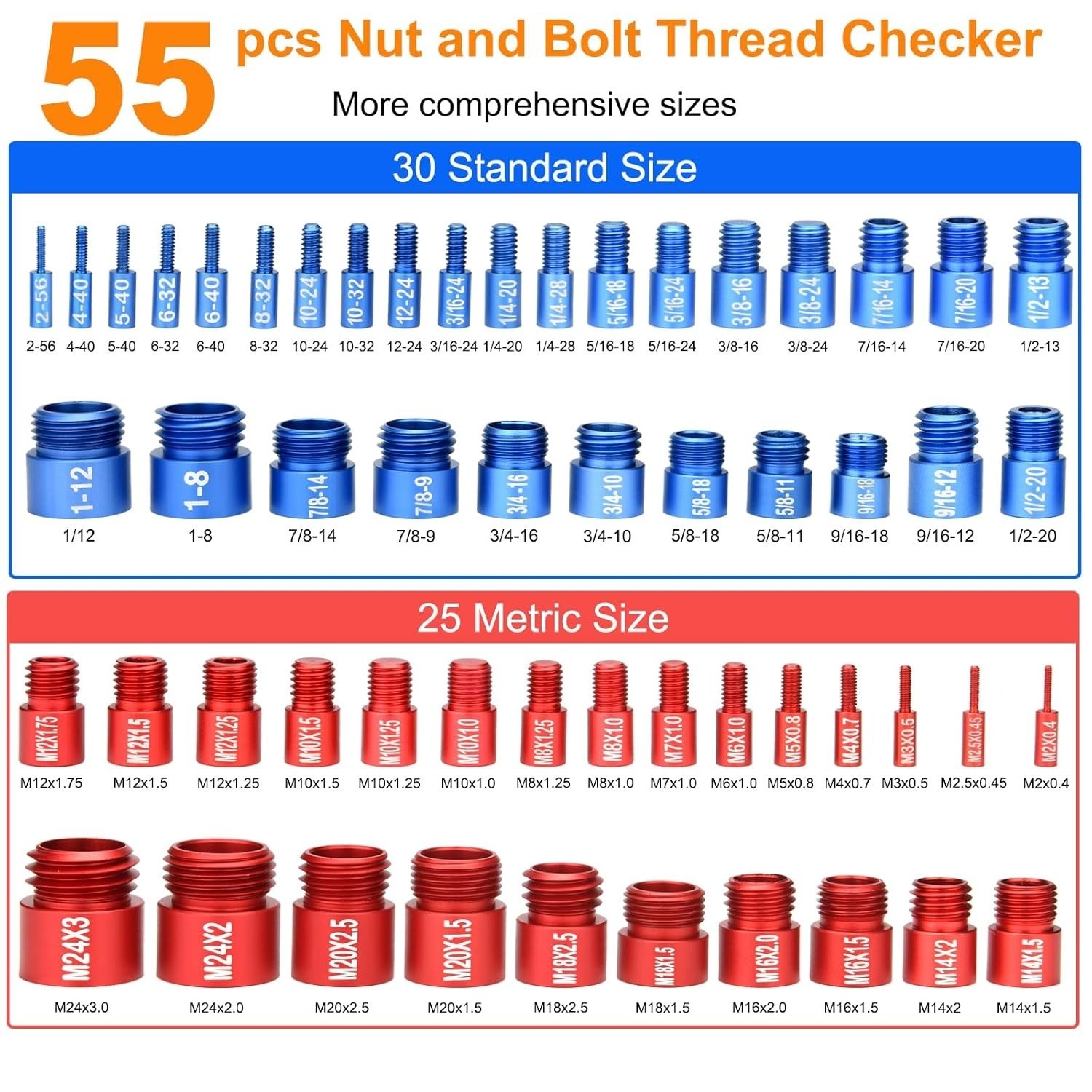 70 Pcs Nut & Bolt Thread Checker Set 37 SAE 33 Metric Gauge for Size Checking