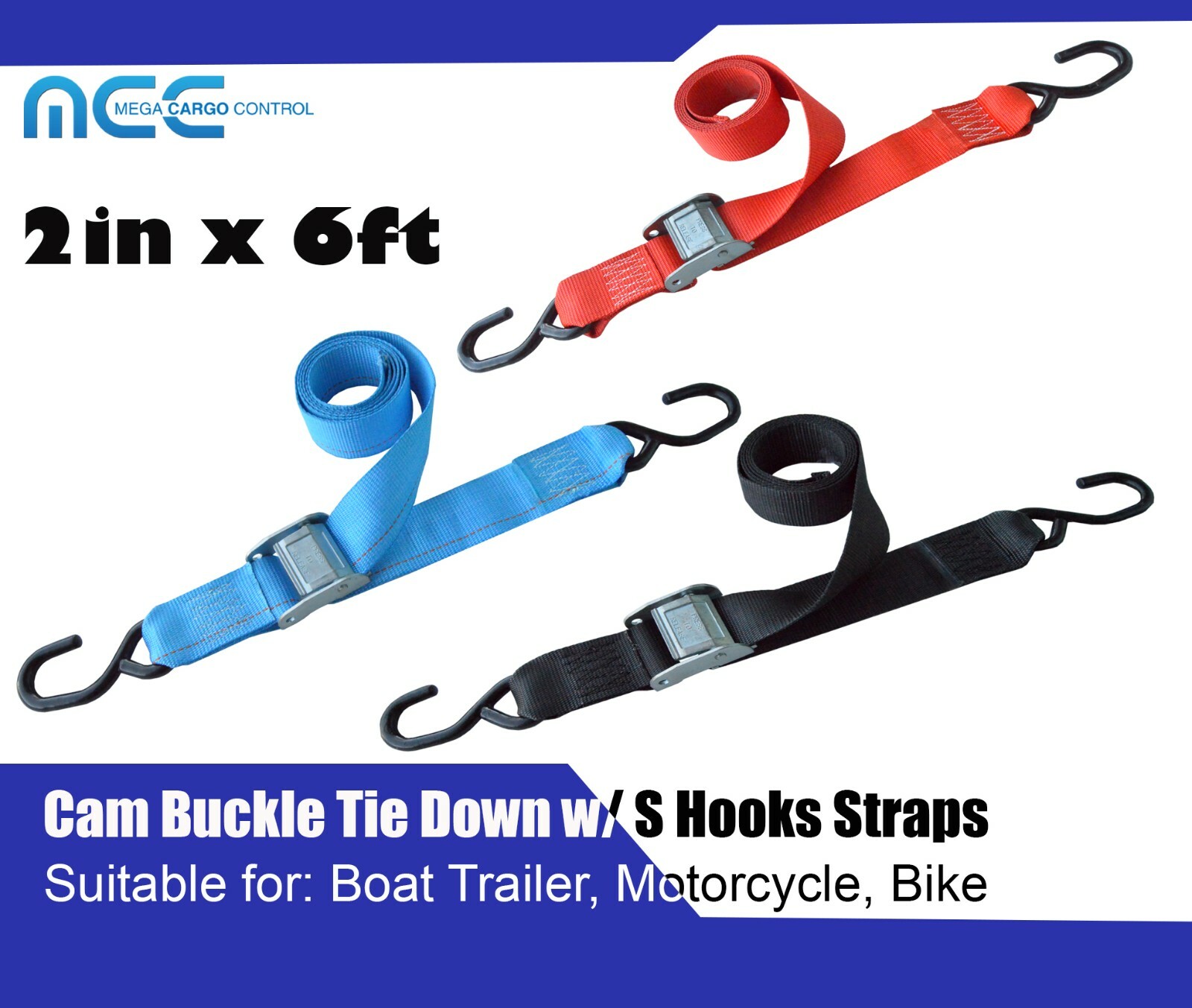 2 Pack 2″x6′ Cam Buckle Tie Down Strap w/S Hook for Motorcycle Boat Trailer Bike