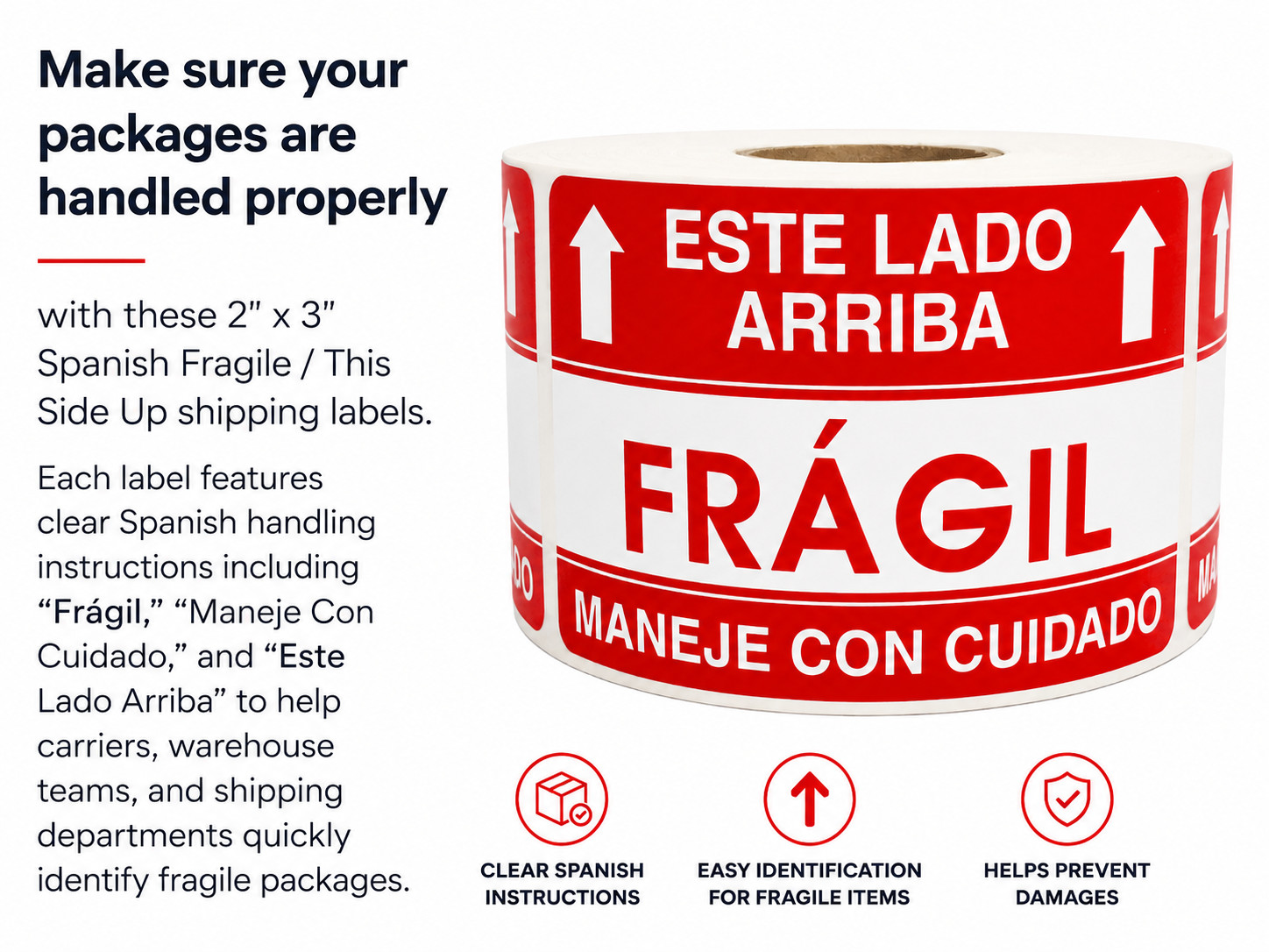 2×3 Spanish Labels Fragil / Fragile Este Lado Arriba / This Side Up 500 Stickers