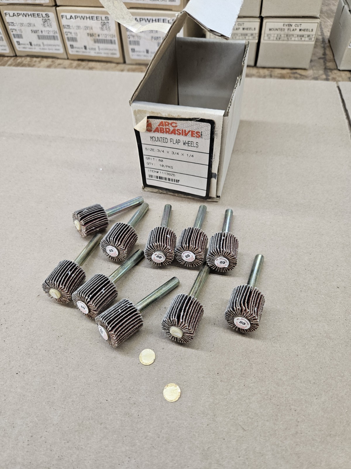 3/4″ x 3/4″ 80 Grit Flap Wheels 1/4″ Drill Mount Shank, 25,000 RPM – Lot of 10