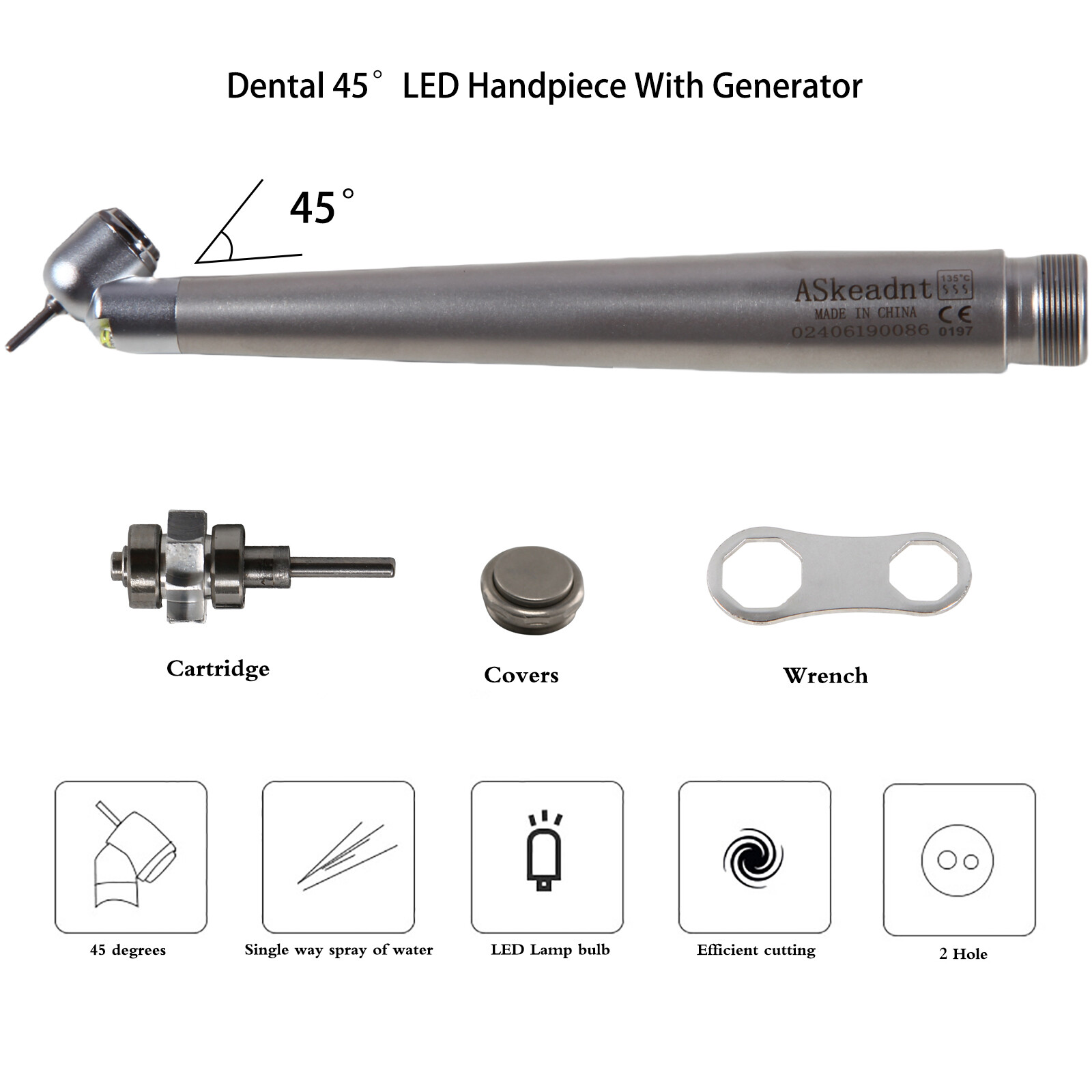 45 Degree LED E-generator Dental High Speed Handpiece Push 2 Hole for NSK AC2