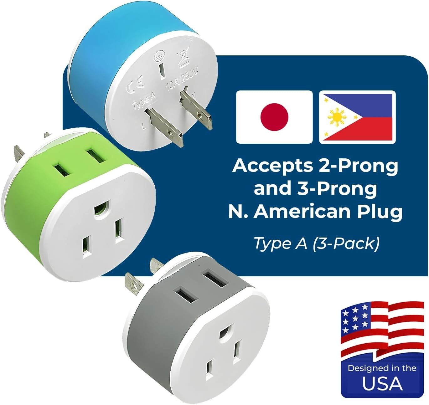 Japan Philippines Power Plug Adapter with 2 USA Inputs – Travel 3 Pack – Type