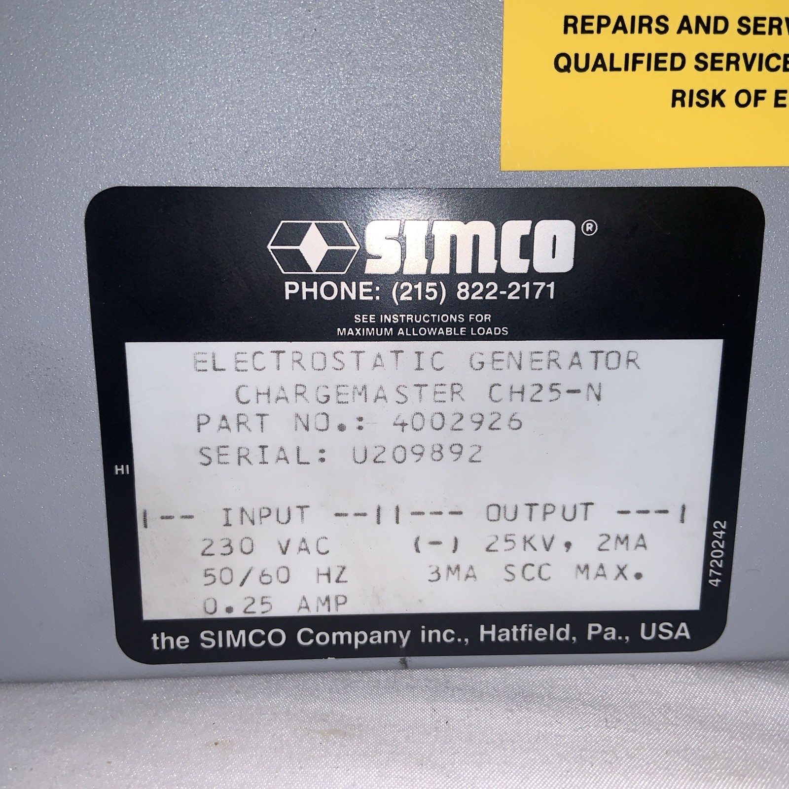 SIMCO CHARGEMASTER Electrostatic Generator CH25-N/CH25-P 230VAC 50/60HZ (2)