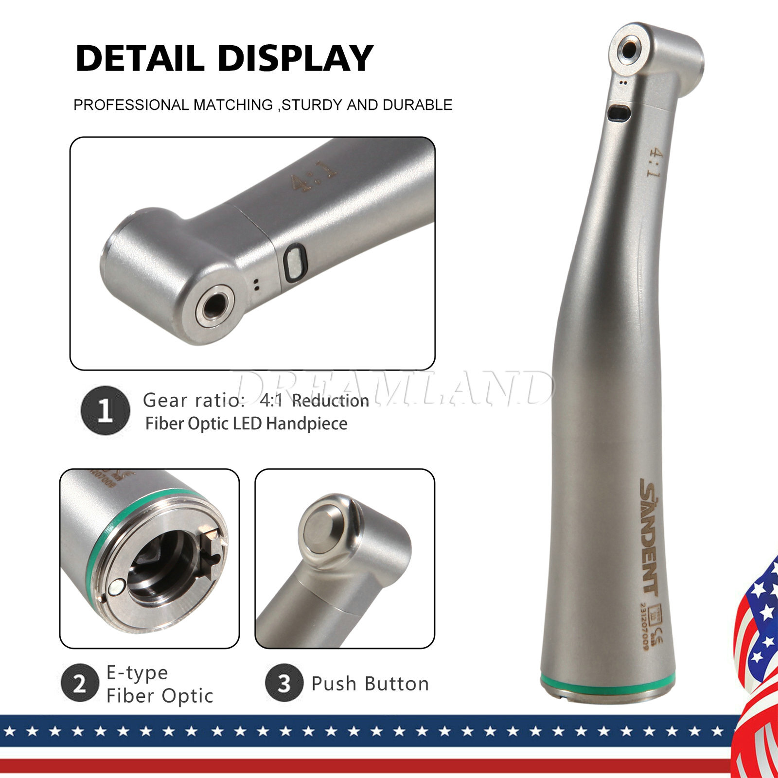Dental 4:1 LED Fiber Optic Contra Angle Handpiece Quattro Spray Internal Channel