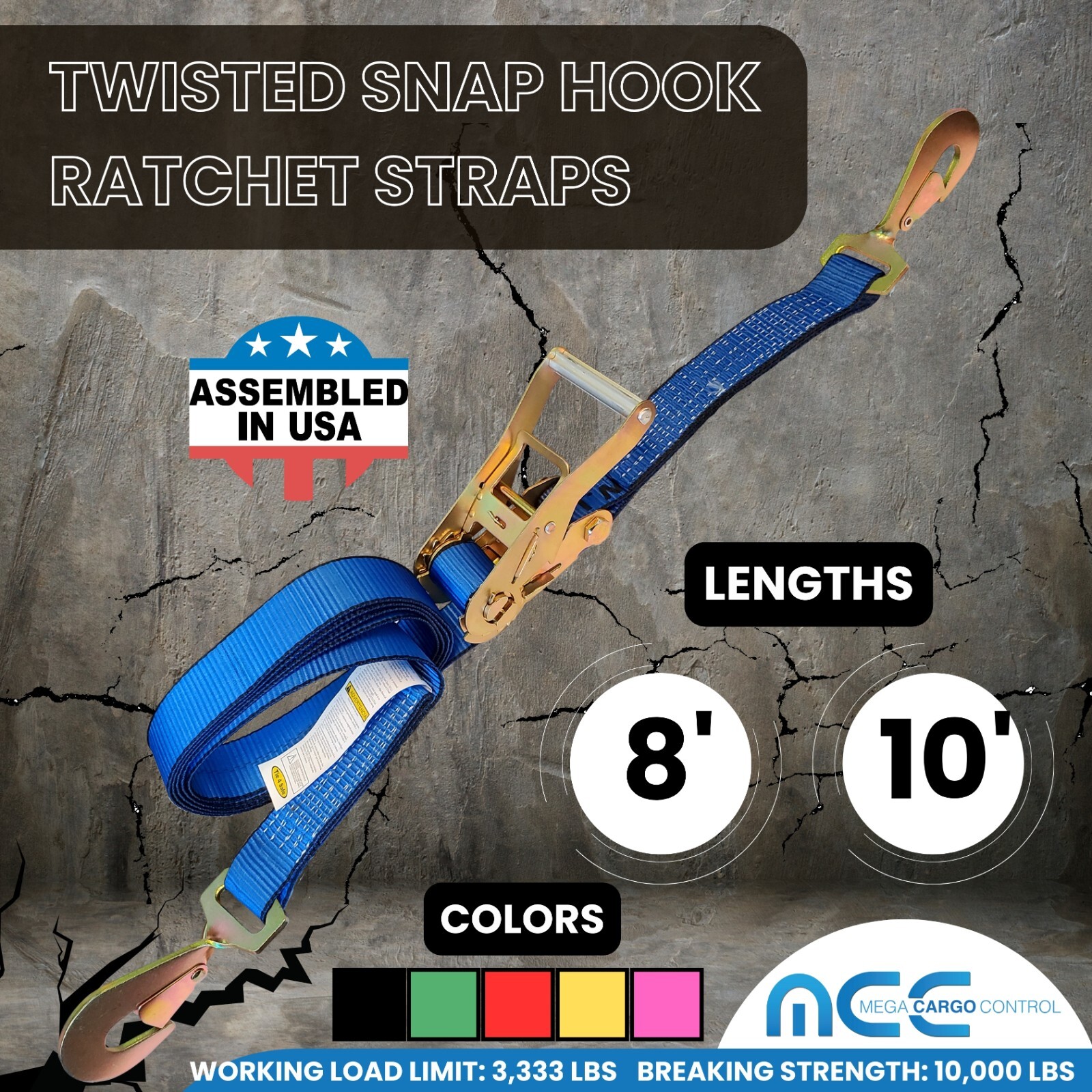 USA 2″ x 8′ 10′ Ratchet Strap w/Snap Hook for Car Hauler Flatbed Trailer Wrecker