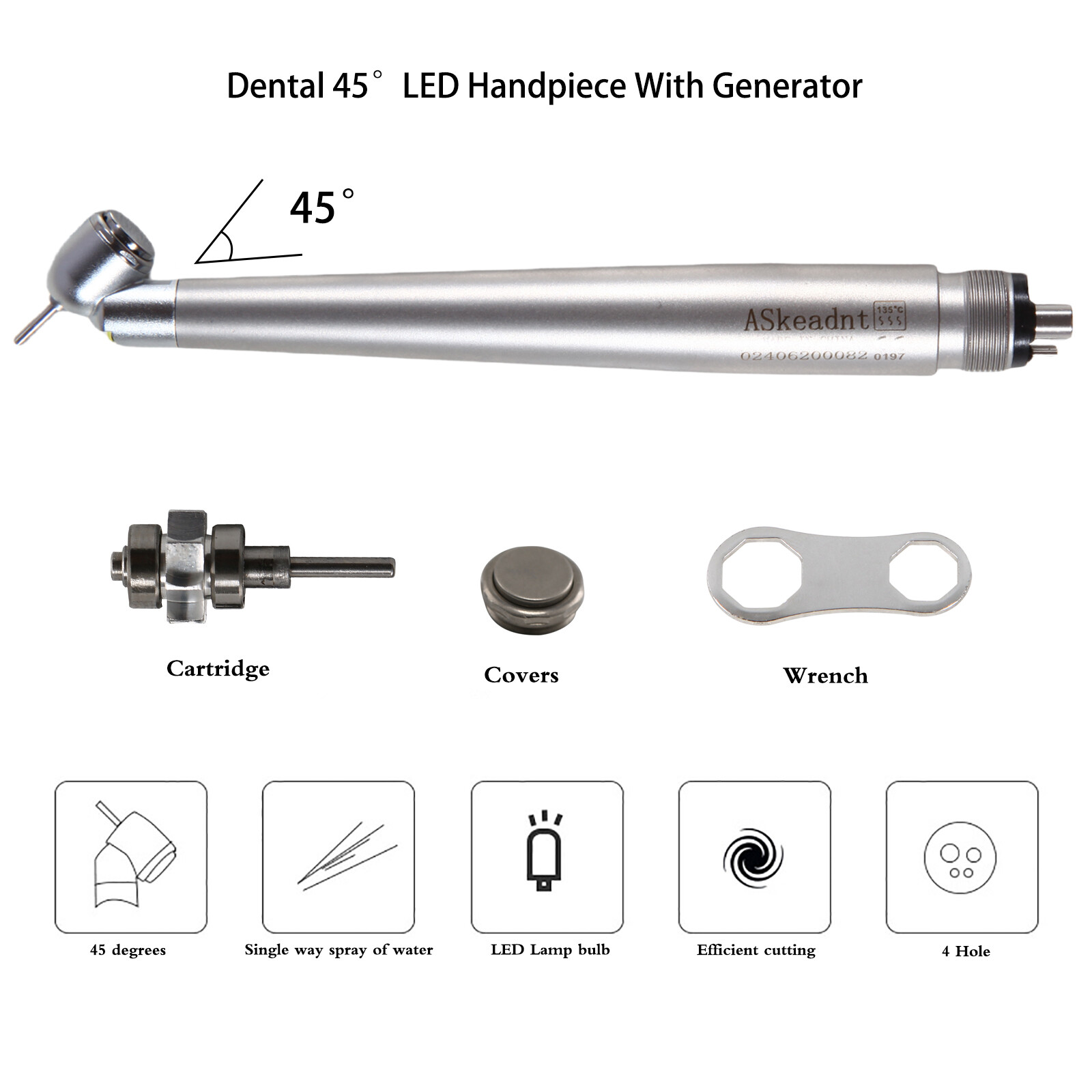 Dental 45° LED Optic High Speed Handpiece E-generator 4 Hole for NSK ASkeadnt