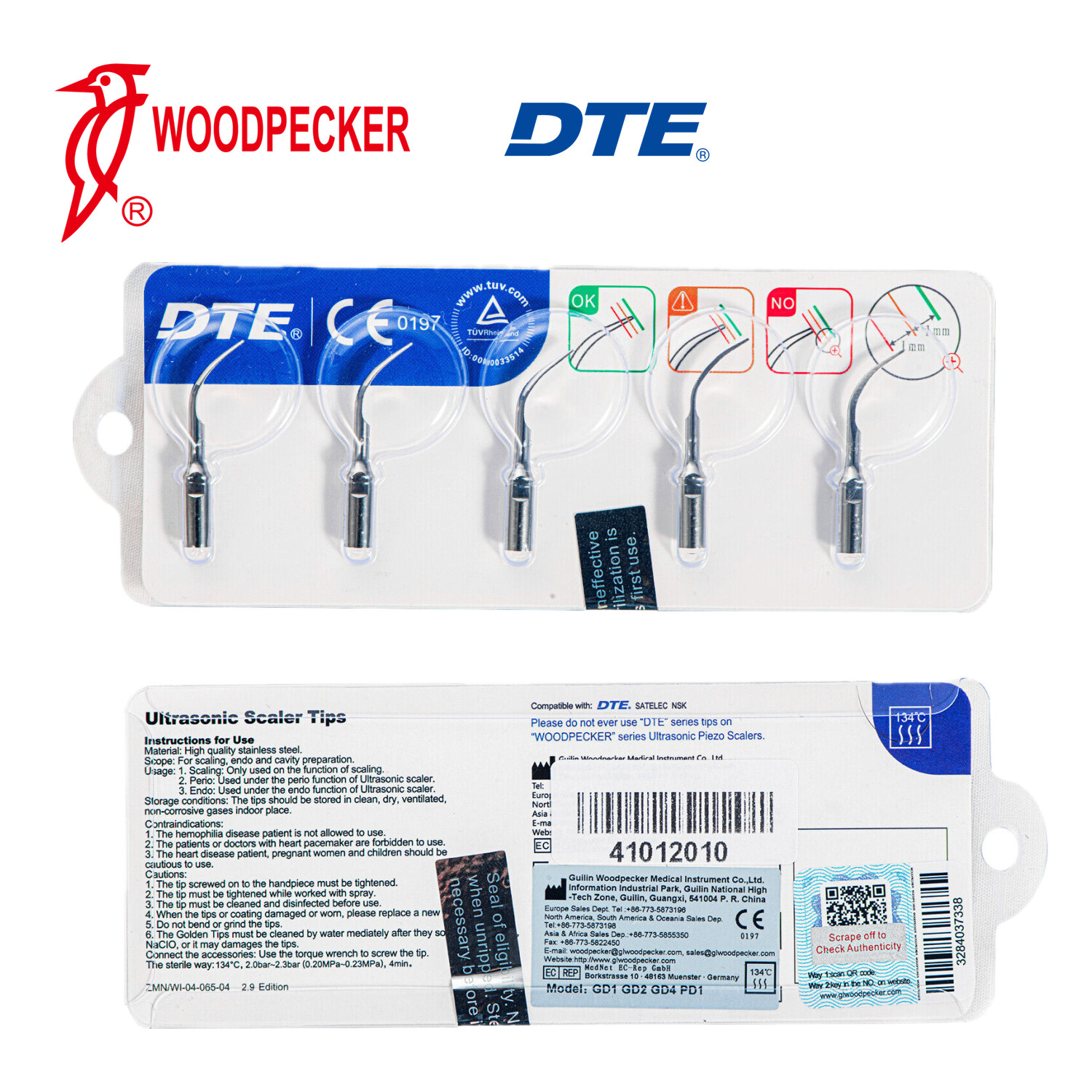 Woodpecker DTE Dental Ultrasonic Scaler Tips Kit GD1*2 GD2 GD4 PD1 Assorted