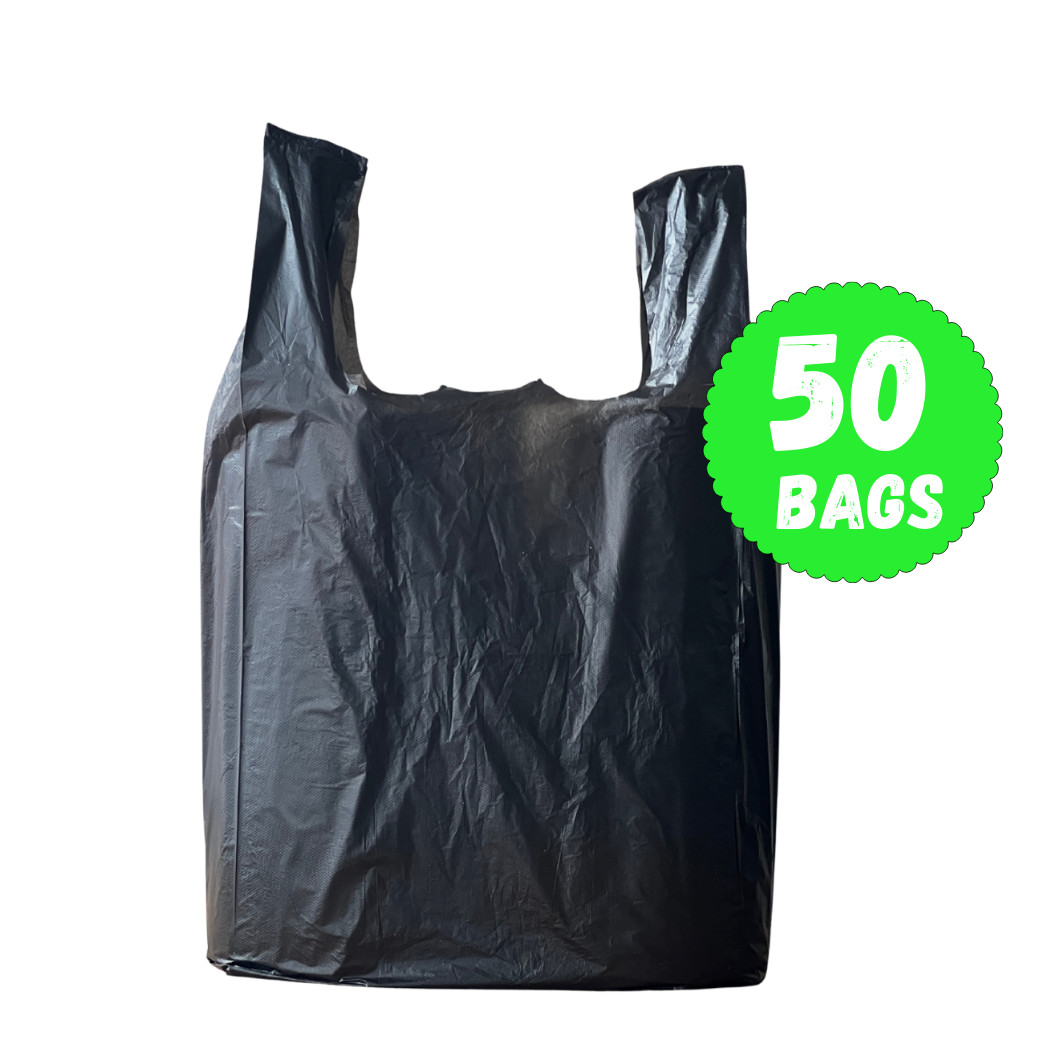T-Shirt Plastic Grocery Shopping Bags 1/6 Large 21 x 6.5 x11.5 BLACK (50-200 ct)