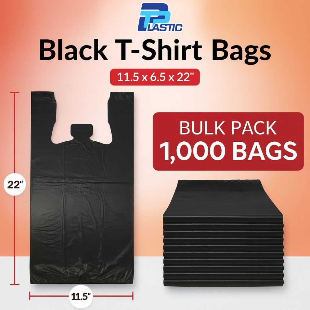 Black T Shirt Bags Plastic Grocery Shopping Carry Out Bag 11.5”x6.5”x22”