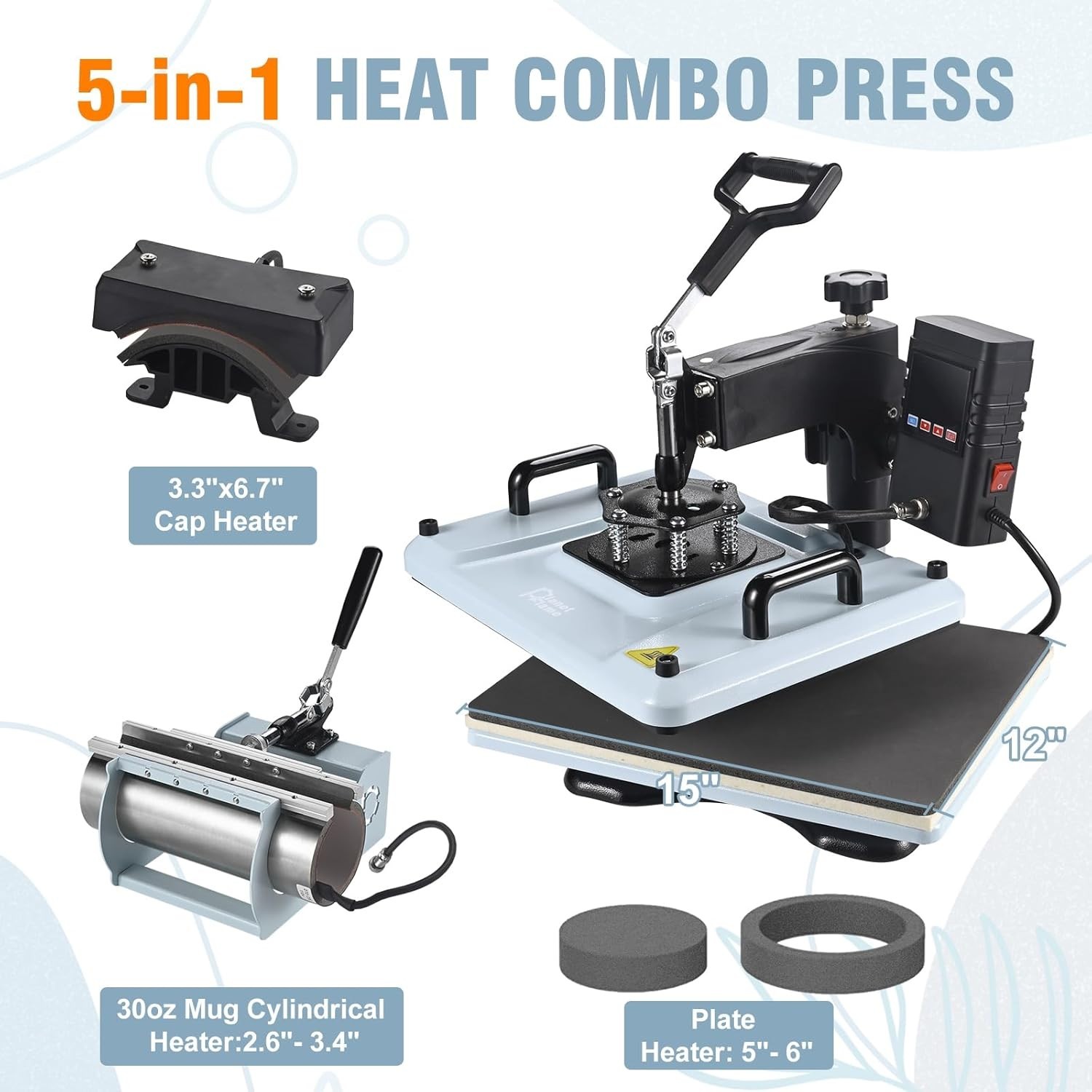12×15 Inch, 360° Swing Away 5 in 1 Heat Transfer Machine, Multifunctional Hea…